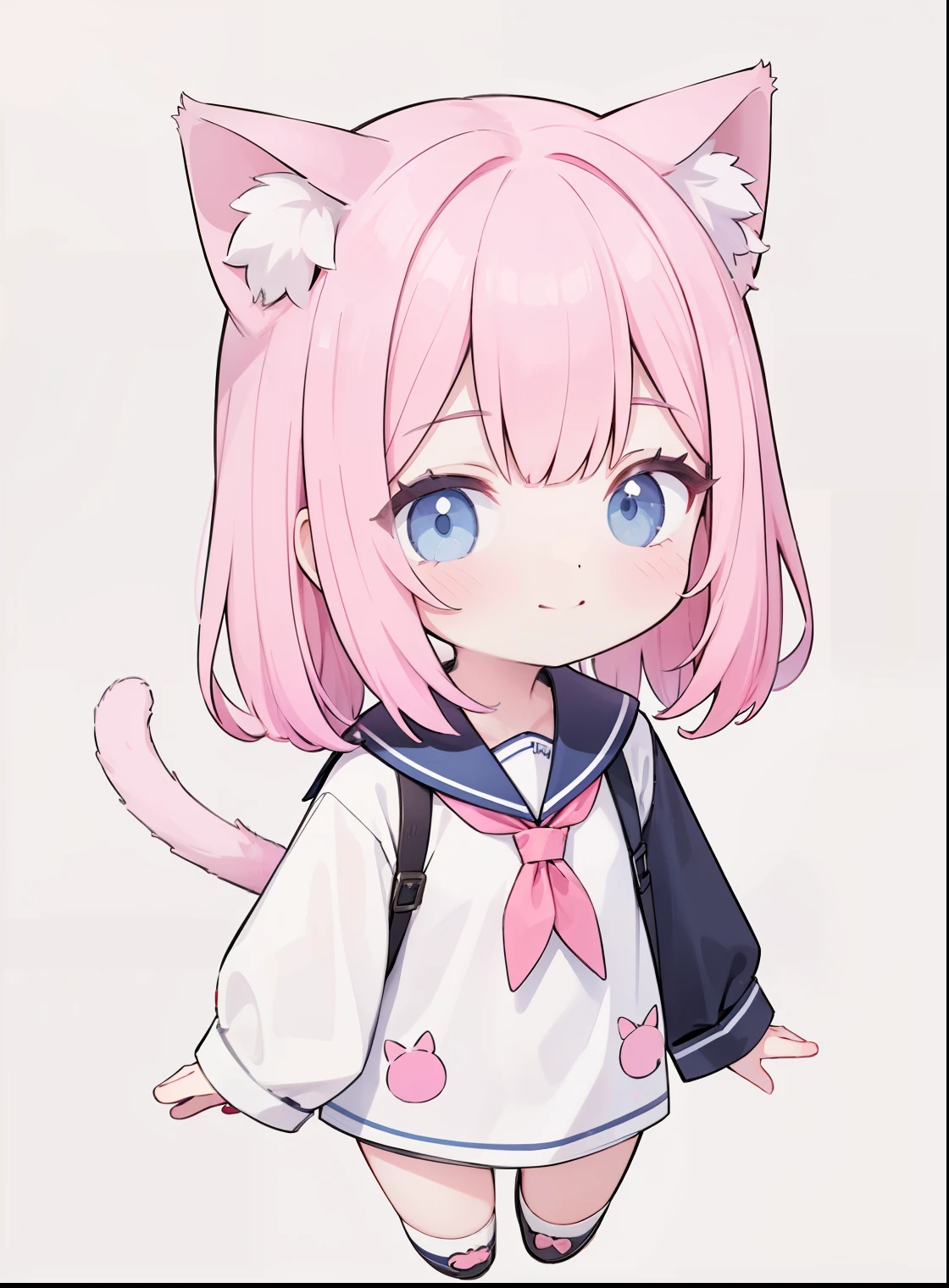 1 girl, Cat ears, cat tail, Sailor suit, ,positive face,Full body photo of the character,stand,pink hair,simple background