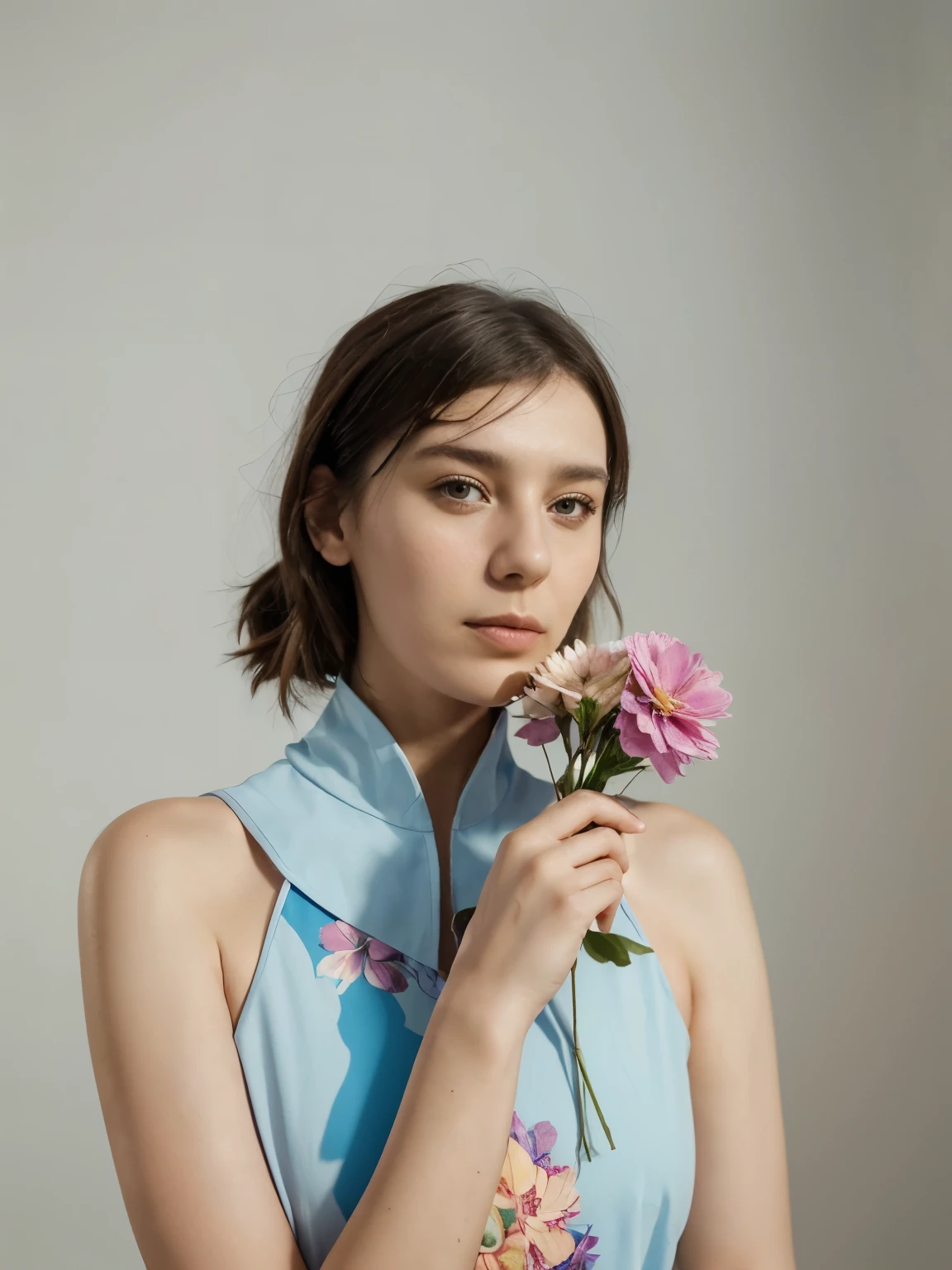 (((Lena Petrović))) is smelling a bouquet of flowers, in the style of unicorncore, ready-made objects, modern photography, exotic, natural minimalism, uhd image