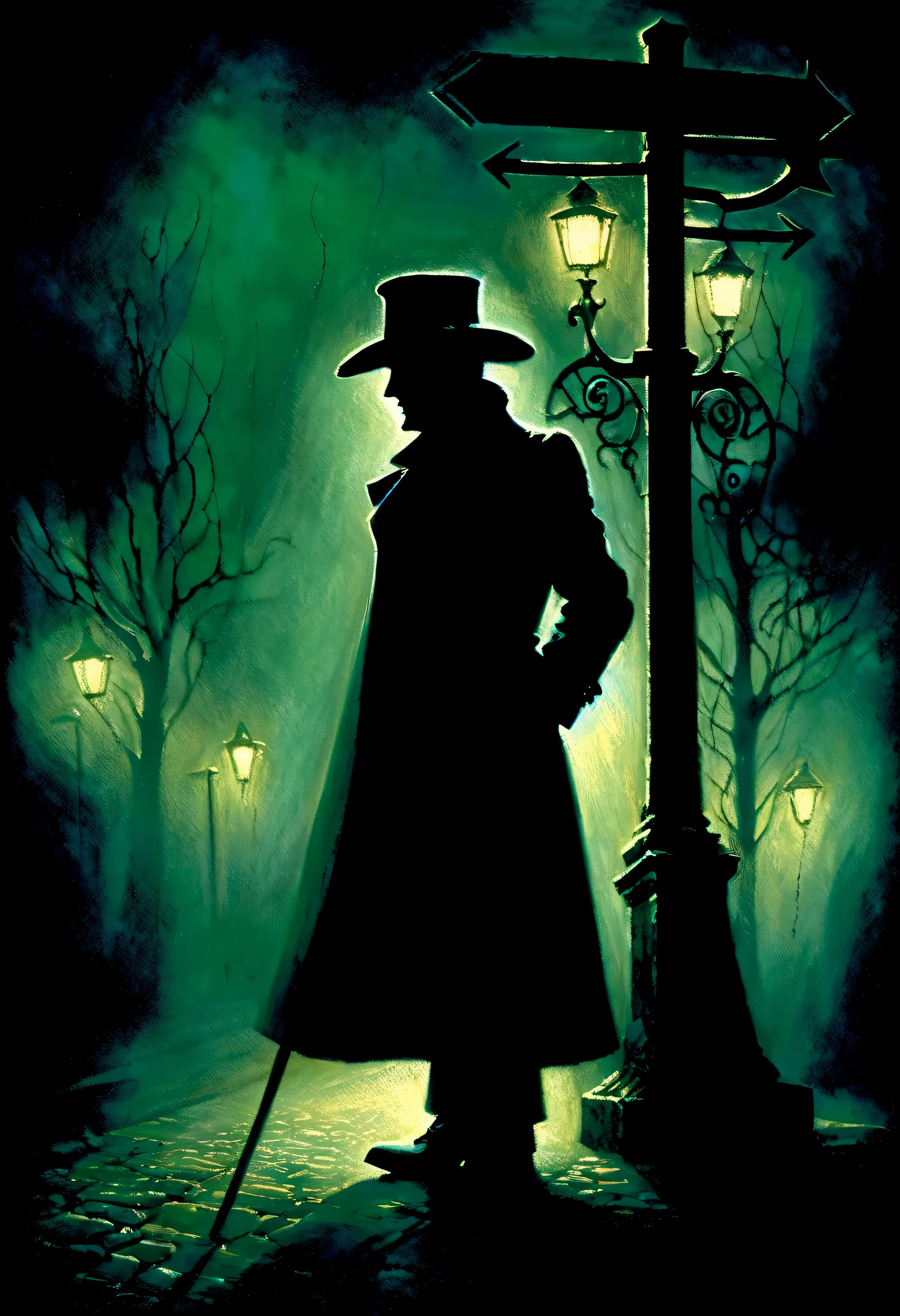 A shadowy figure stands wearing a black coat and hat, A signpost in a dark place, super illustration, probably draw a picture, The essence of a dark and mysterious fantasy world, The outline of the person is precisely expressed., Add depth and innocence to the scene, The overall quality of the image is very high, Unforgettable beauty and nostalgia aesthetic drawing, Take viewers into a world of darkness and mystery,