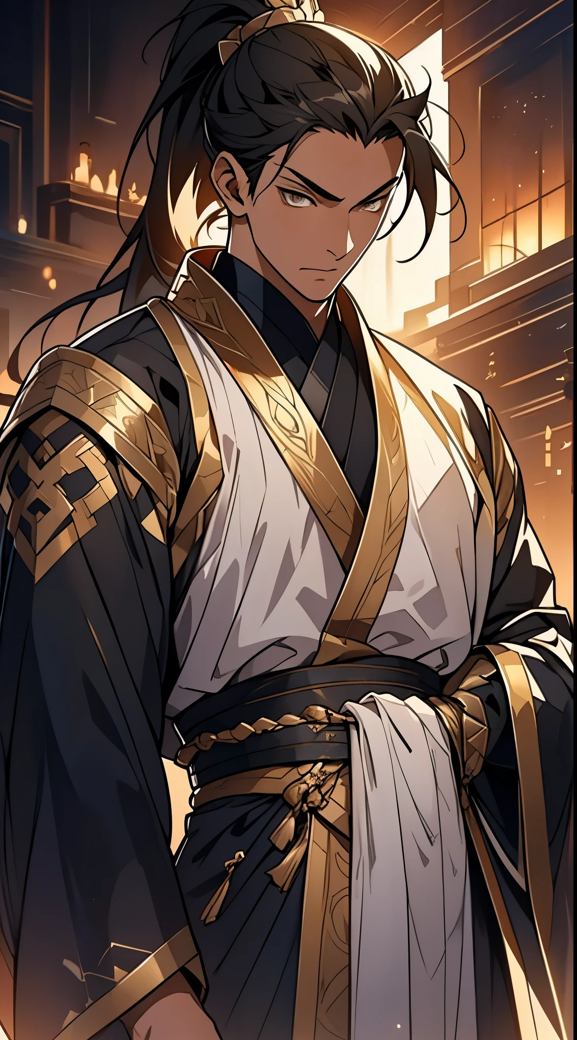 Two dimensions,anime style,one person(male warrior),proportions are correct,facial details,swordsman,high ponytail hairstyle,neck detail,Have an Adam's apple,Black and gold robe,joke,Black and gold robe,clothing details,Hand over,long sleeves,Game quality,fencing,Ray tracing,Ray tracing,Detailed glow,CG rendering,hair details,Long black and blond hair,Black-gold eyes,Handsome,Handsome,(Youthful feeling),Costumes are complicated,Perfect composition,refine,high quality,higher details,many details,Complex background,a sense of atmosphere,