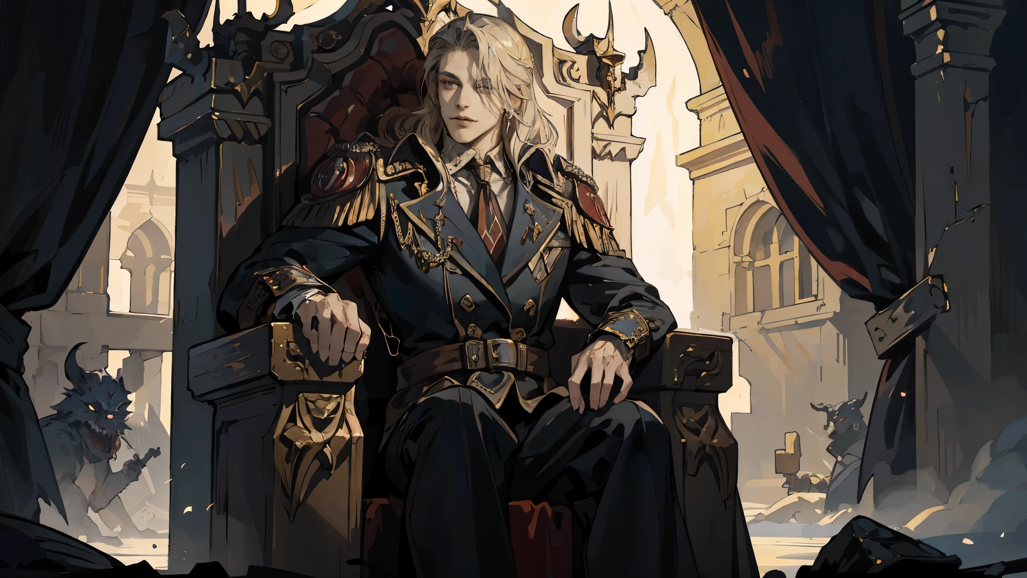 Castlevania Shadow Lord Handsome Lord Muscular Dracula Chatting in Throne Room with Male Advisors Around Him Surreal Ultra Detailed Dynamic Poses Ultra Detailed Faces Surreal Ultra Detailed Scene Epic Legend Perspective Environment