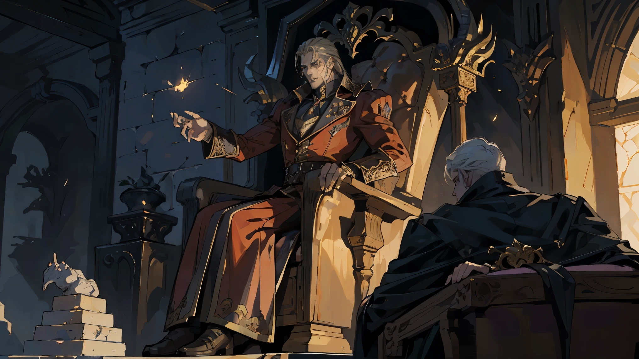 Castlevania Shadow Lord Handsome Lord Muscular Dracula Chatting in Throne Room with Male Advisors Around Him Surreal Ultra Detailed Dynamic Poses Ultra Detailed Faces Surreal Ultra Detailed Scene Epic Legend Perspective Environment