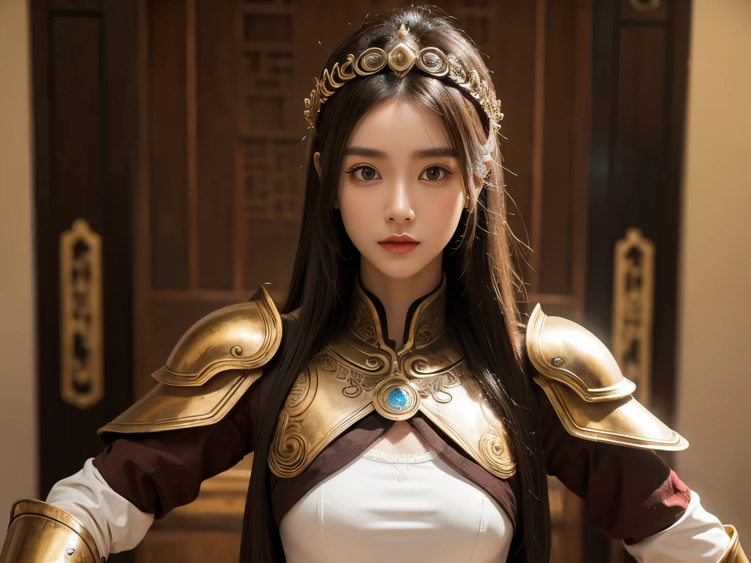 Western Zhou Dynasty,white clothes,Peerless beauty,light brown big eyes,bronze armor