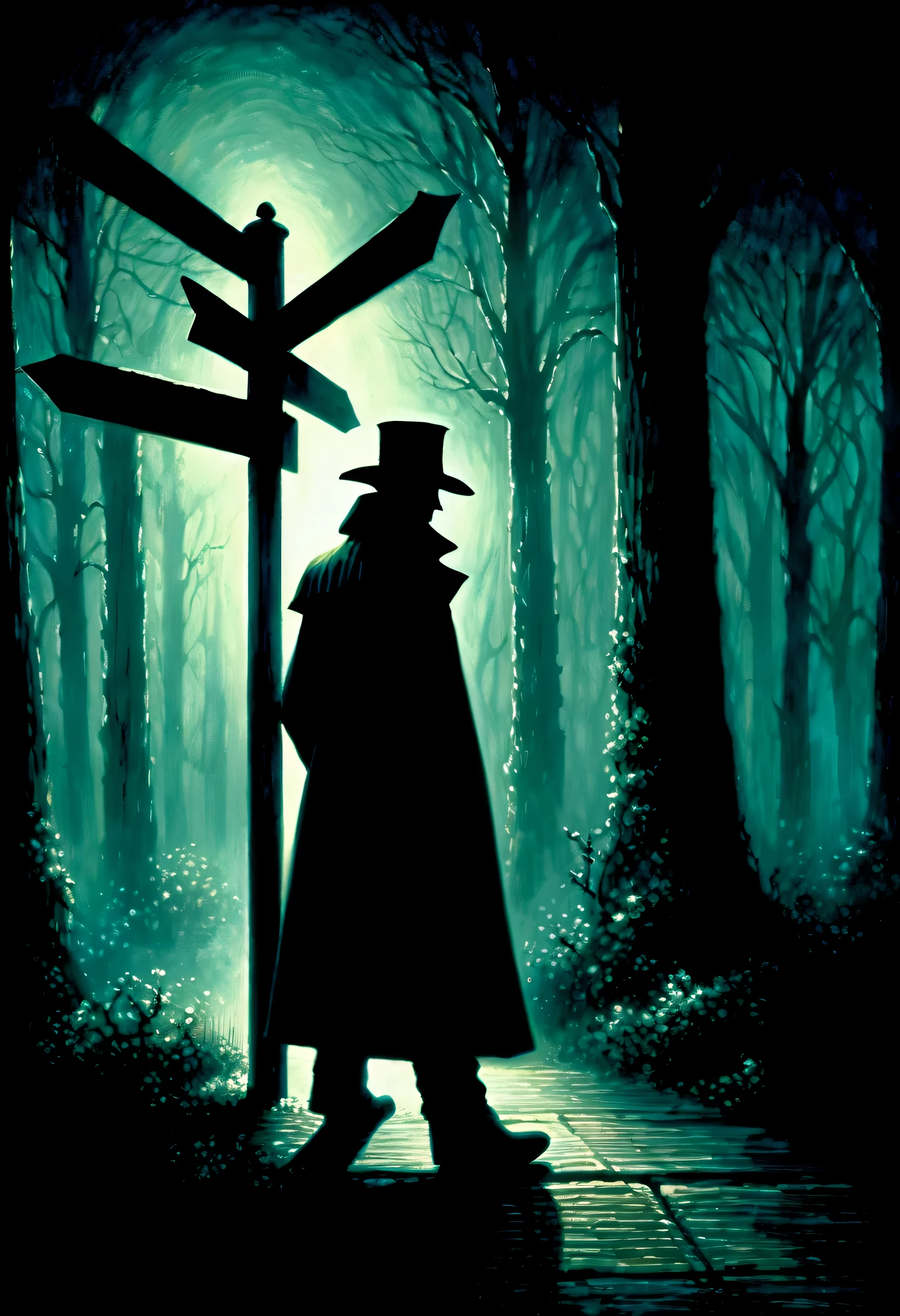 A shadowy figure stands wearing a black coat and hat, A signpost in a dark place, super illustration, probably draw a picture, The essence of a dark and mysterious fantasy world, The outline of the person is precisely expressed., Add depth and innocence to the scene, The overall quality of the image is very high, Unforgettable beauty and nostalgia　aesthetic drawing, Take viewers into a world of darkness and mystery,