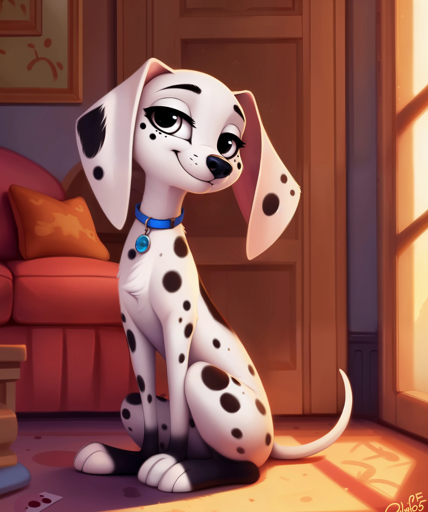 (feral:1.2), (solo) female, detailed, (dolly (101 dalmatians)), sitting, home interior, smile, black arms, 
cartoon, vector art, by qupostuv35, by siroc, by photonoko, by personalami, by f-r95, by diives