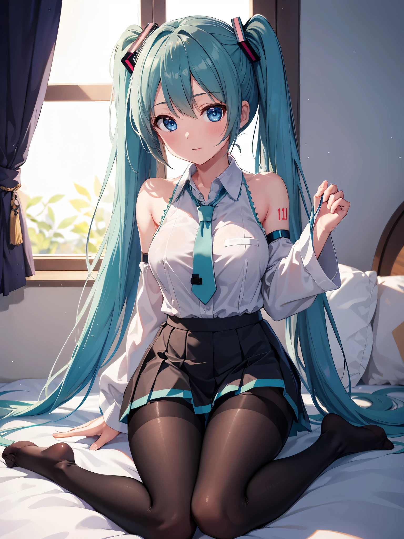 (1 girl),(high quality), (High resolution), (extremely detailed), (8K),(focus on lower body),(CG),(Hatsune Miku)、Gravure idol、Magic Knight、magic swordsman、Magic Mentor、school uniform、sexy panties、(black pantyhose:1.2)、erect nipple shape、No shoes、(neutral white lighting),sexy pose、showing panties