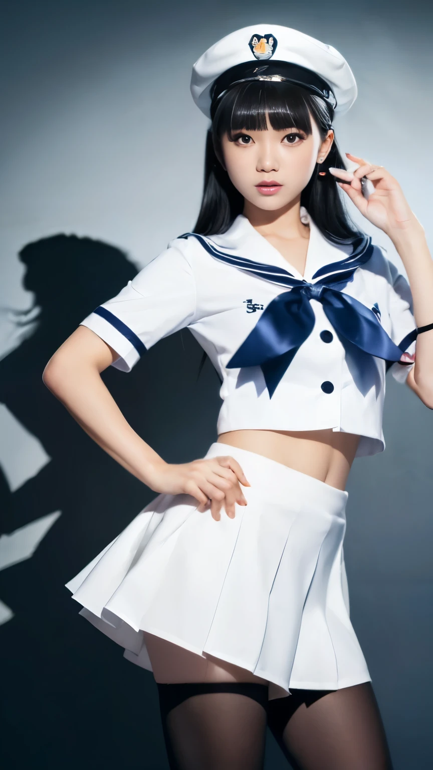 (((masterpiece, highest quality))), 1 girl, sailor suit, skirt, black hair, messy hair, mature, white pantyhose, shiny pantyhose, shiny skin, best lighting, best shadow, disorganized, Are standing, put your hand on your waist, expression of anger, very cute,