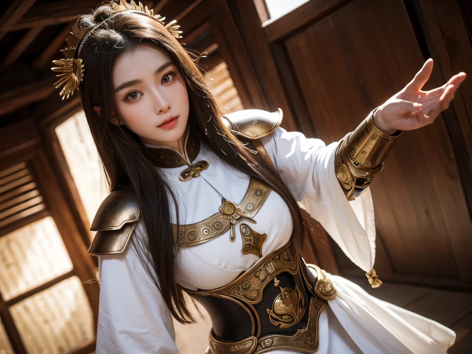 Western Zhou Dynasty,white clothes,Peerless beauty,light brown big eyes,bronze armor