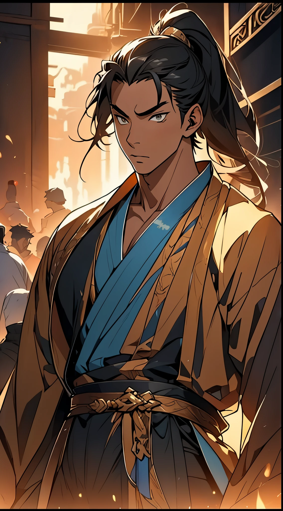 Two dimensions，anime style，one person（male warrior），proportions are correct，facial details，swordsman，high ponytail hairstyle，neck detail，Have an Adam&#39;s apple，Black and gold robe，joke，Black and gold robe，clothing details，Hand over，long sleeves，Game quality，fencing，Ray tracing，Ray tracing，Detailed glow，CG rendering，hair details，Long black and blond hair，Black-gold eyes，Handsome，Handsome，（Youthful feeling），Costumes are complicated，Perfect composition，refine，high quality，higher details，many details，Complex background，a sense of atmosphere，