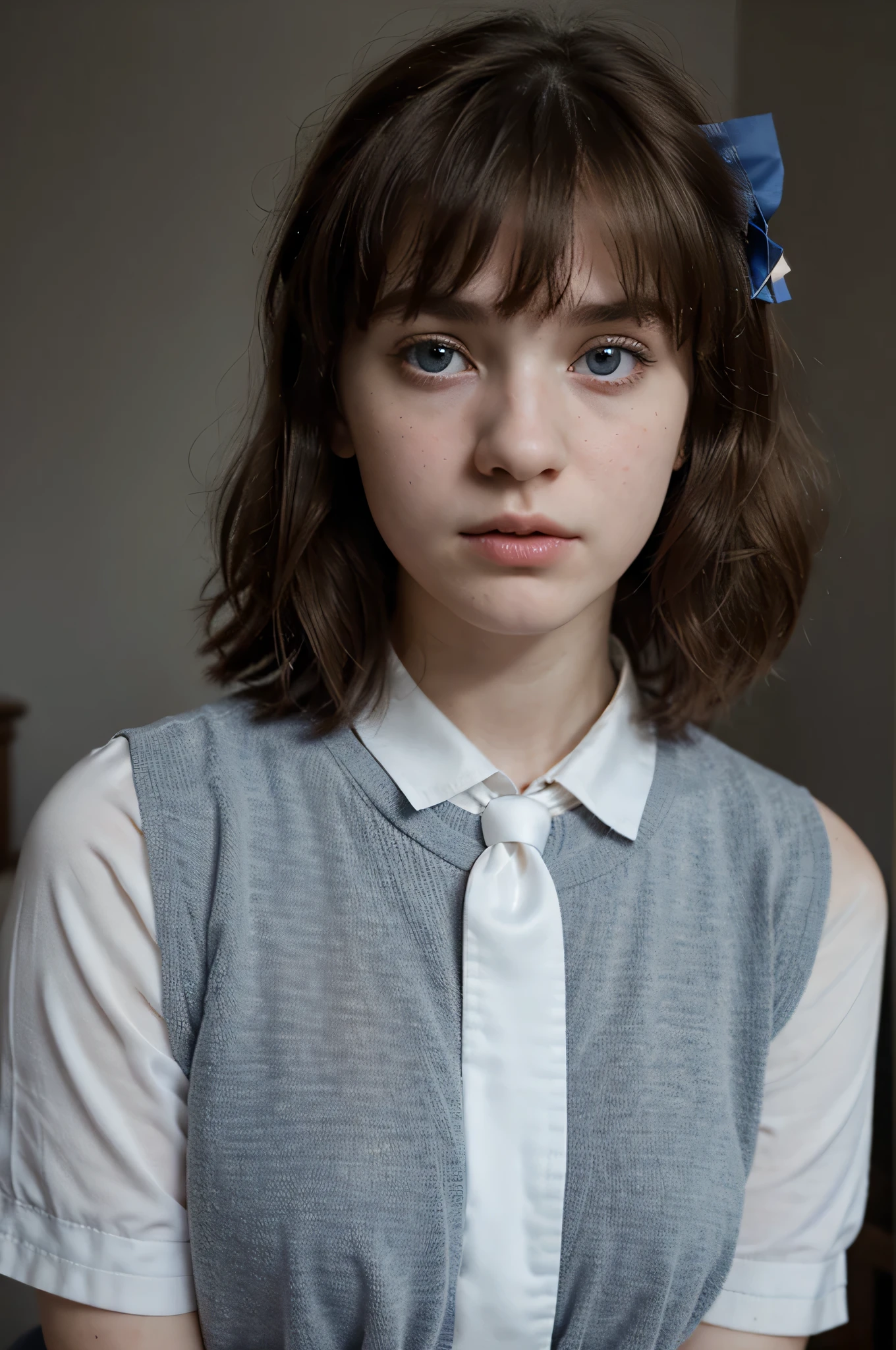 Mejor calidad, hyper realistic, Detalles, 8K, adolescente, Fifteen years old, shy, triste, palidez, grandes ojos azules, piel muy blanca, small nose, short brown hair with bangs, melancholia, hermoso, Catholic uniform with tie., arco de triunfo lejos en el fondo, fumar shy, ropa universitaria.