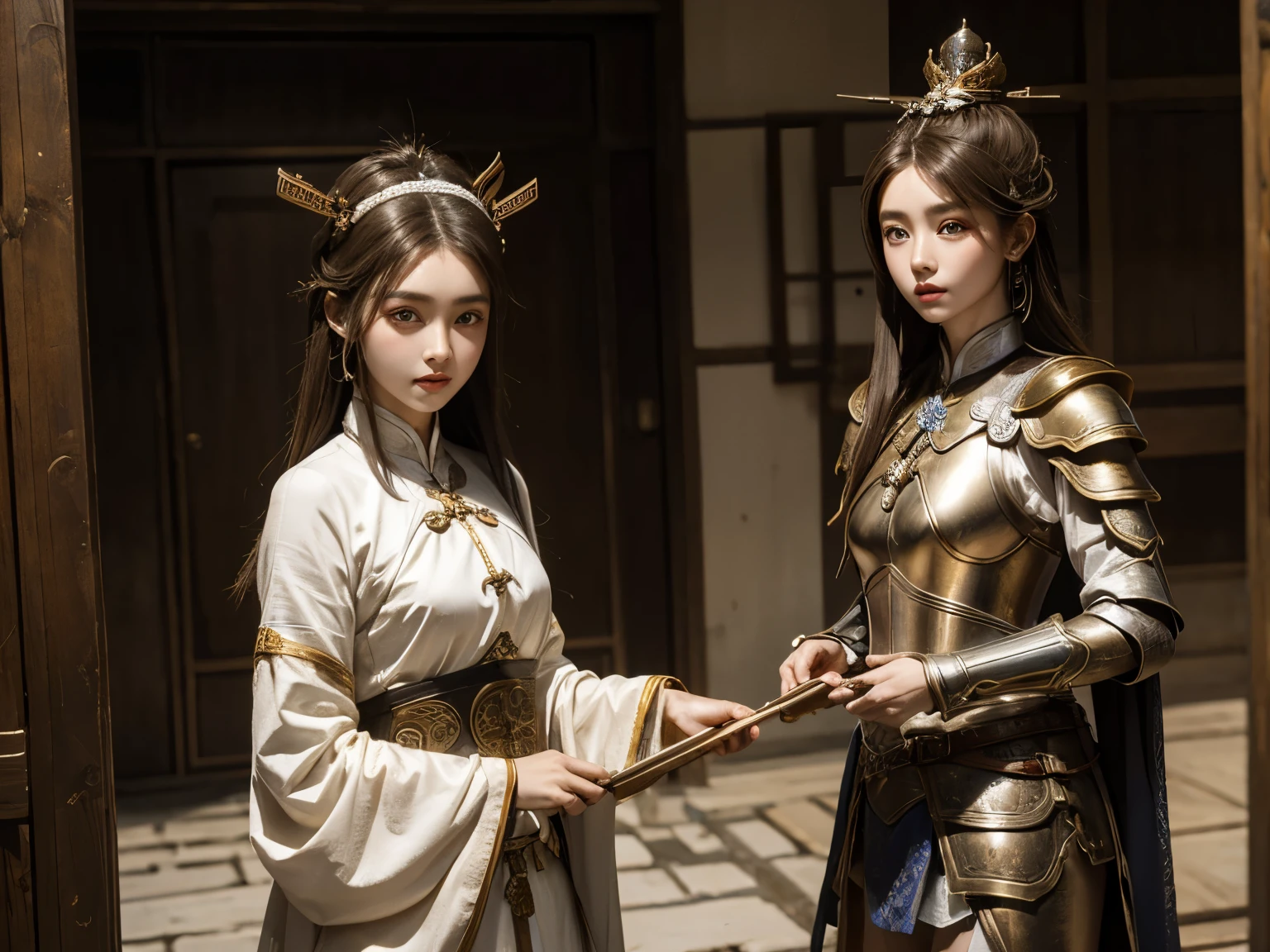 Western Zhou Dynasty,white clothes,Peerless beauty,light brown big eyes,bronze armor