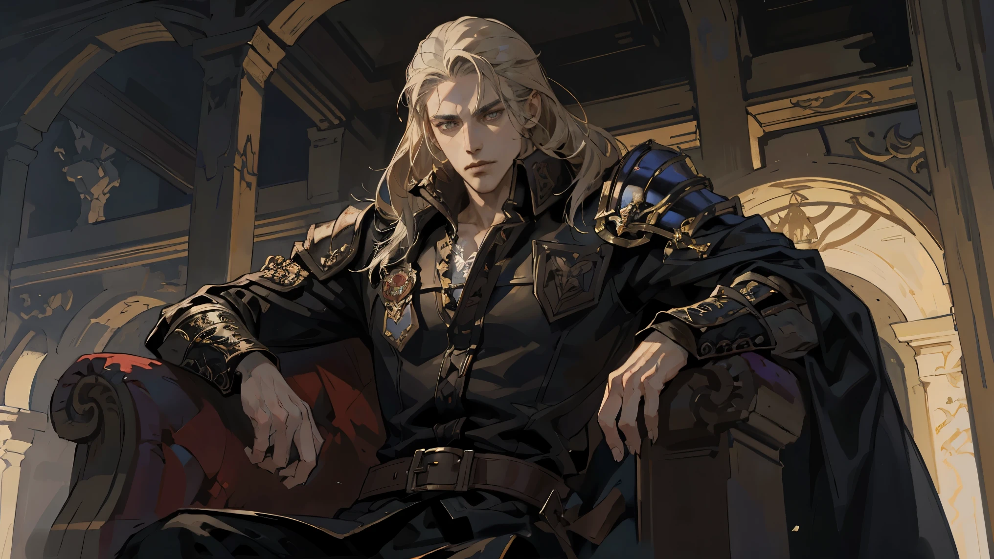 Castlevania Shadow Lord Handsome Lord Muscle Dracula on Throne，Wear stylish armor. Hyper-realistic hyper-detailed dynamic poses. Hyper-detailed faces. Hyper-realistic hyper-detailed scenes. Epic legendary perspective environments.