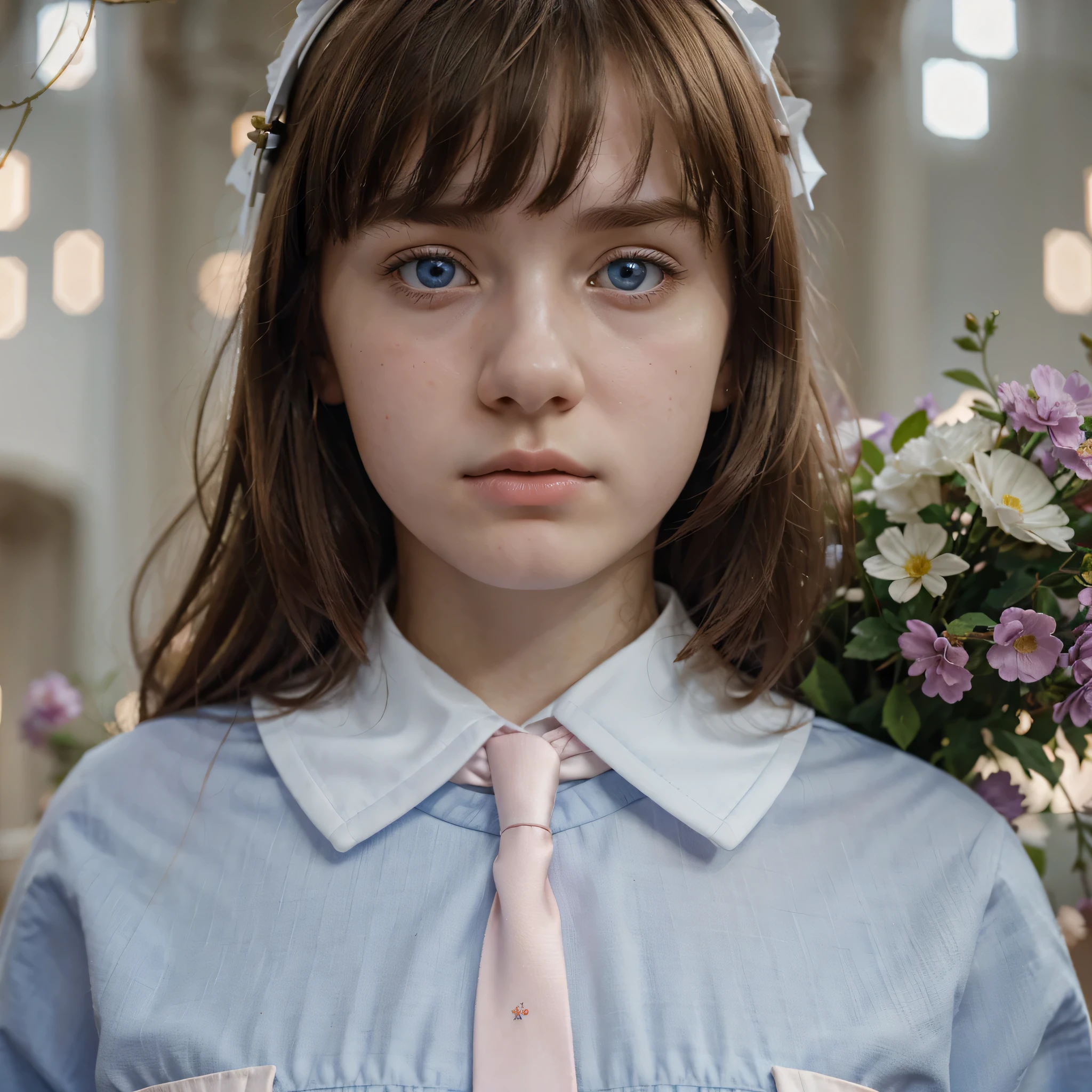 Mejor calidad, hyper realistic, Detalles, 8K, adolescente, Fifteen years old, shy, triste, palidez, grandes ojos azules claros, piel muy blanca, small nose, short brown hair with bangs, melancholia, hermoso, Catholic uniform with tie., arco de triunfo en el fondo, Flores rosadas, luces brillantes, claridad.