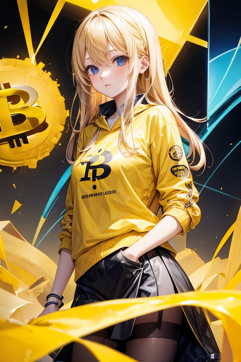 1 blonde girl、Yellow clothes with Bitcoin logo motif