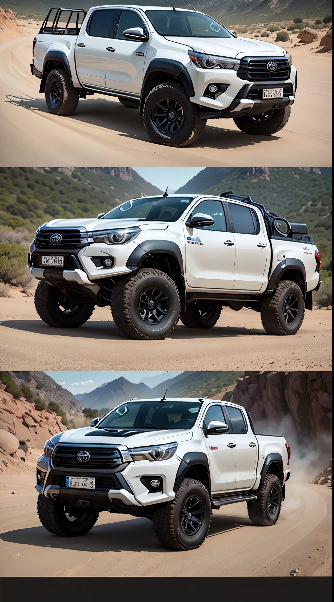 Toyota Hilux Revo pickup truck, raised, 4 doors, decorated in offroad style.,Steel bumper around the car,Has a roof rack and roll bar.,Off-road tires, 20-inch rims 20 inch rims, offroad pattern,Running on rough rocky roads,There is a rhino pattern sticker on the side., High resolution vertical image,200K,1080*2400,Virtual image