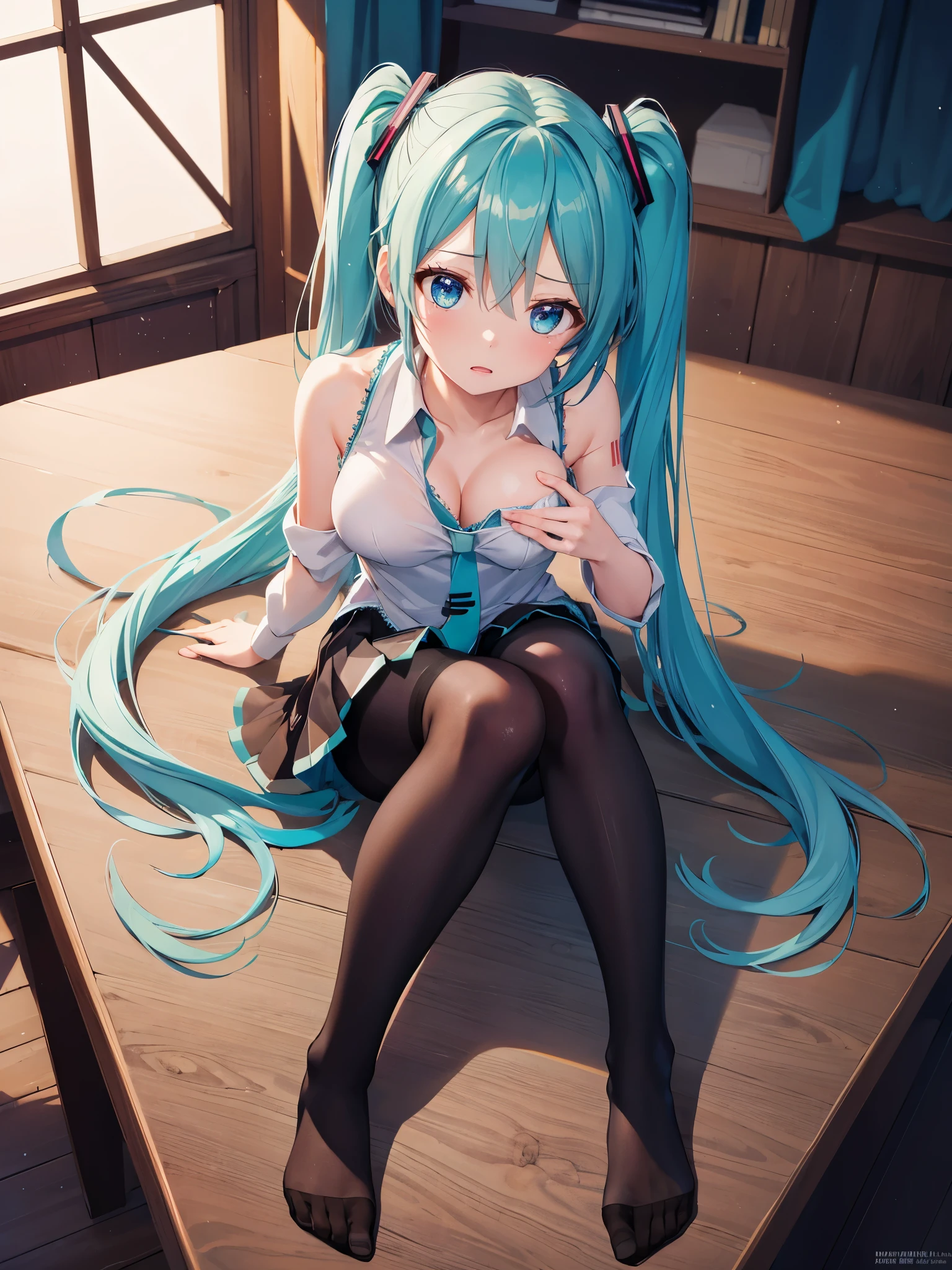 (1 girl),(high quality), (High resolution), (extremely detailed), (8K),(focus on lower body),(CG),(Hatsune Miku)、Gravure idol、Magic Knight、magic swordsman、Magic Mentor、school uniform、sexy panties、(black pantyhose:1.2)、(nipple shape)、No shoes、(neutral white lighting),sexy pose、showing panties