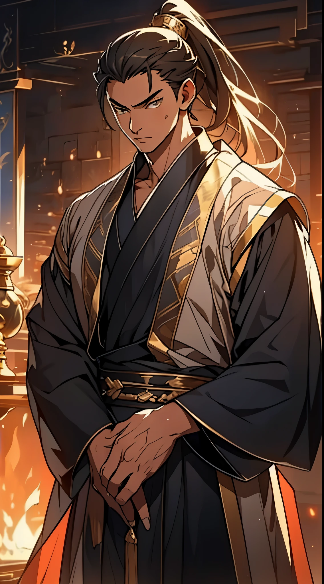 Two dimensions,anime style,one person(male warrior),proportions are correct,facial details,swordsman,high ponytail hairstyle,neck detail,Have an Adam's apple,Black and gold robe,joke,Black and gold robe,clothing details,Hand over,long sleeves,Game quality,fencing,Ray tracing,Ray tracing,Detailed glow,CG rendering,hair details,Long black and blond hair,Black-gold eyes,Handsome,Handsome,(Youthful feeling),Costumes are complicated,Perfect composition,refine,high quality,higher details,many details,Complex background,a sense of atmosphere,