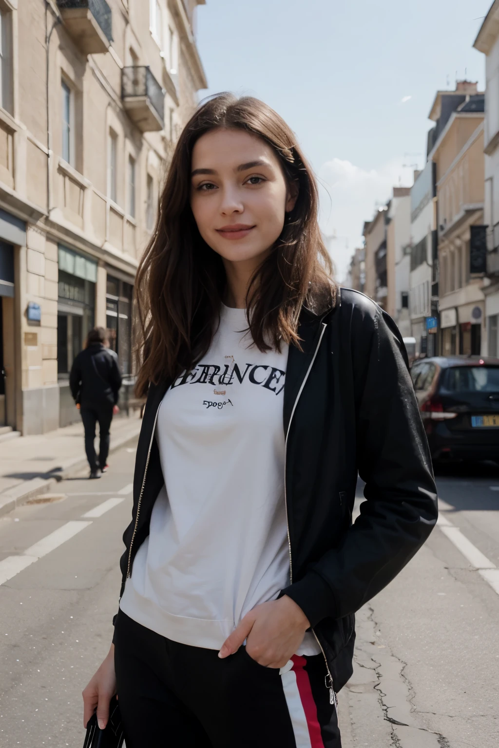 "Découvrez notre tout dernier modèle AI arborant un look tendance et décontracté dans notre incontournable sweat à capuche noir. Accompagnée d'un pantalon assorti, notre AI incarne l'élégance urbaine avec une touche de modernité. Capturant l'essence de la vie citadine, elle se promène avec assurance dans les rues, un sourire radieux illuminant son visage. Sa démarche gracieuse et confiante reflète la fusion parfaite entre confort et style. Plongez dans l'univers de la mode contemporaine avec notre modèle AI, incarnant l'essence même de l'élégance décontractée.