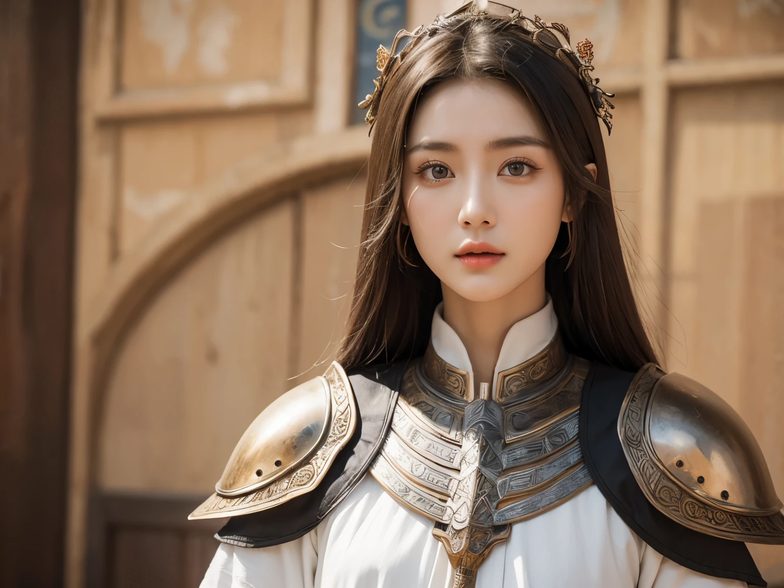 Western Zhou Dynasty,white clothes,Peerless beauty,light brown big eyes,European face,bronze armor,whole body