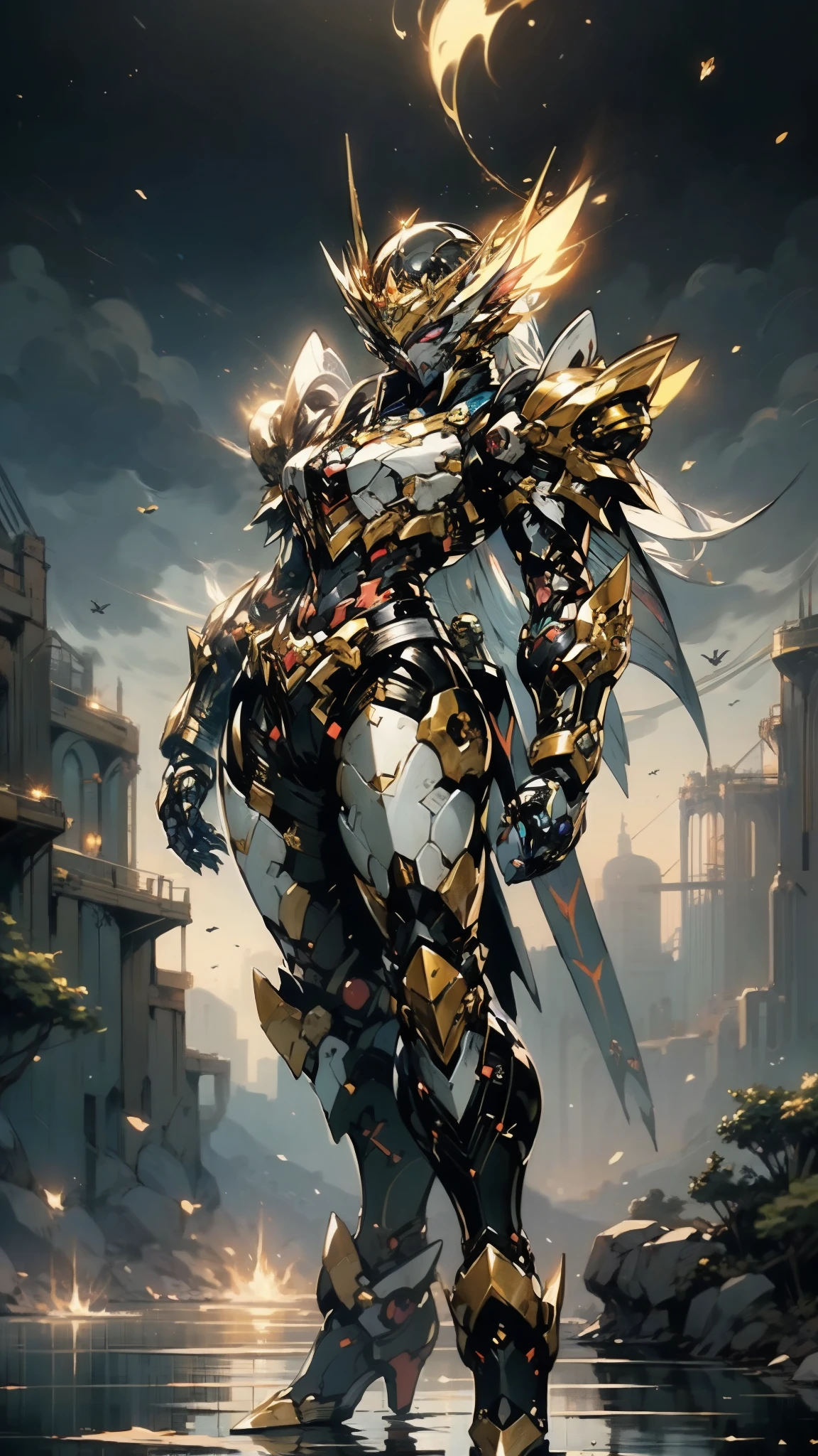 A woman adorned in fantasy-style full-body armor, a crown-concept fully enclosed helmet that unveils only her eyes, a composite layered chest plate, fully encompassing shoulder and hand guards, a lightweight waist armor, form-fitting shin guards, the overall design is heavy-duty yet flexible, (the armor gleams with a golden glow, complemented by red and blue accents), exhibiting a noble aura, she floats above a fantasy-surreal high-tech city, this character embodies a finely crafted fantasy-surreal style armored hero in anime style, exquisite and mature manga art style, (mixture of Queen bee and Spider concept Armor, plasma), ((Element, elegant, goddess, femminine:1.5)), metallic, high definition, best quality, highres, ultra-detailed, ultra-fine painting, extremely delicate, professional, anatomically correct, symmetrical face, extremely detailed eyes and face, high quality eyes, creativity, RAW photo, UHD, 32k, Natural light, cinematic lighting, masterpiece-anatomy-perfect, masterpiece:1.5