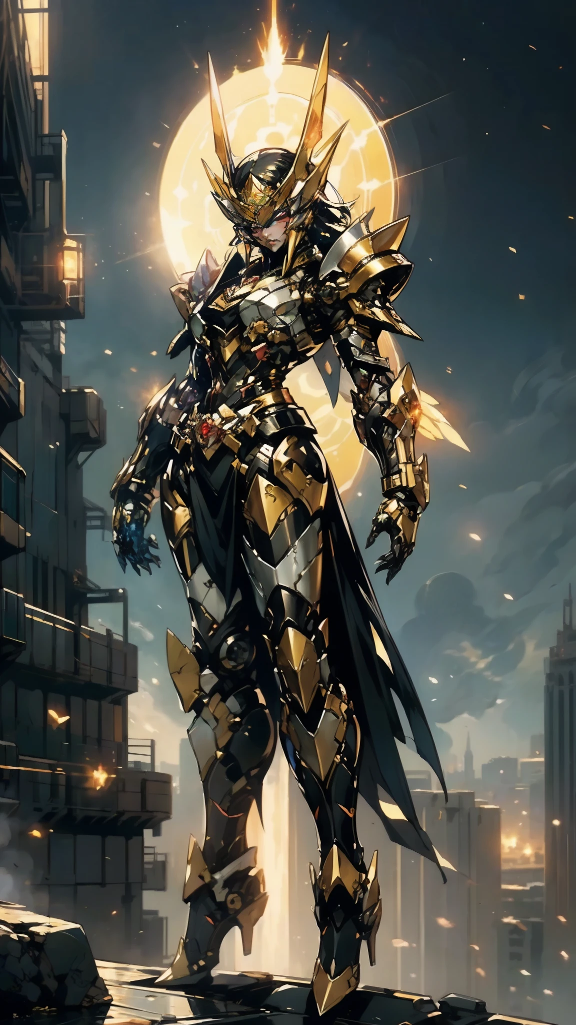 A woman adorned in fantasy-style full-body armor, a crown-concept fully enclosed helmet that unveils only her eyes, a composite layered chest plate, fully encompassing shoulder and hand guards, a lightweight waist armor, form-fitting shin guards, the overall design is heavy-duty yet flexible, (the armor gleams with a golden glow, complemented by red and blue accents), exhibiting a noble aura, she floats above a fantasy-surreal high-tech city, this character embodies a finely crafted fantasy-surreal style armored hero in anime style, exquisite and mature manga art style, (mixture of Queen bee and Spider concept Armor, plasma), ((Element, elegant, goddess, femminine:1.5)), metallic, high definition, best quality, highres, ultra-detailed, ultra-fine painting, extremely delicate, professional, anatomically correct, symmetrical face, extremely detailed eyes and face, high quality eyes, creativity, RAW photo, UHD, 32k, Natural light, cinematic lighting, masterpiece-anatomy-perfect, masterpiece:1.5