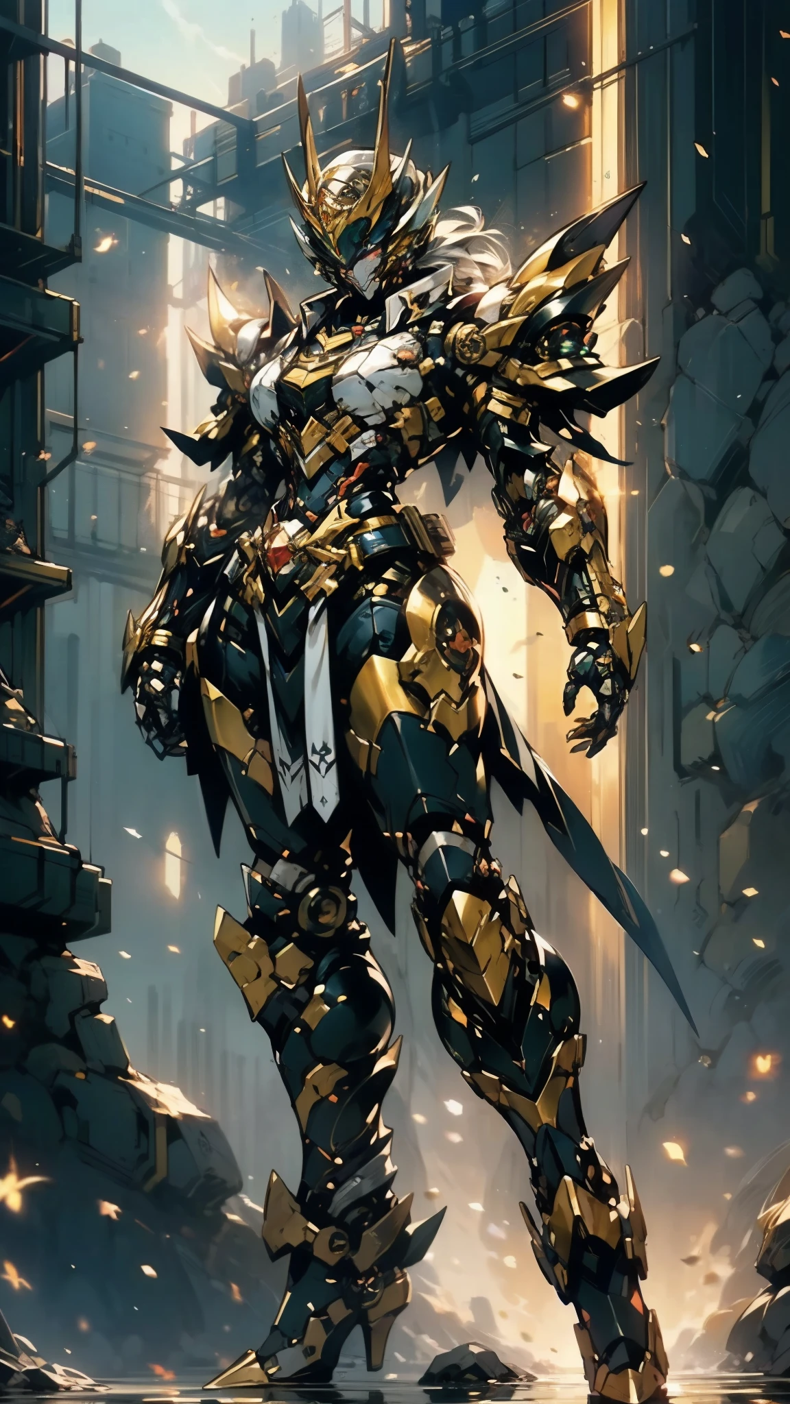 A woman adorned in fantasy-style full-body armor, a crown-concept fully enclosed helmet that unveils only her eyes, a composite layered chest plate, fully encompassing shoulder and hand guards, a lightweight waist armor, form-fitting shin guards, the overall design is heavy-duty yet flexible, (the armor gleams with a golden glow, complemented by red and blue accents), exhibiting a noble aura, she floats above a fantasy-surreal high-tech city, this character embodies a finely crafted fantasy-surreal style armored hero in anime style, exquisite and mature manga art style, (mixture of Queen bee and Spider concept Armor, plasma), ((Element, elegant, goddess, femminine:1.5)), metallic, high definition, best quality, highres, ultra-detailed, ultra-fine painting, extremely delicate, professional, anatomically correct, symmetrical face, extremely detailed eyes and face, high quality eyes, creativity, RAW photo, UHD, 32k, Natural light, cinematic lighting, masterpiece-anatomy-perfect, masterpiece:1.5