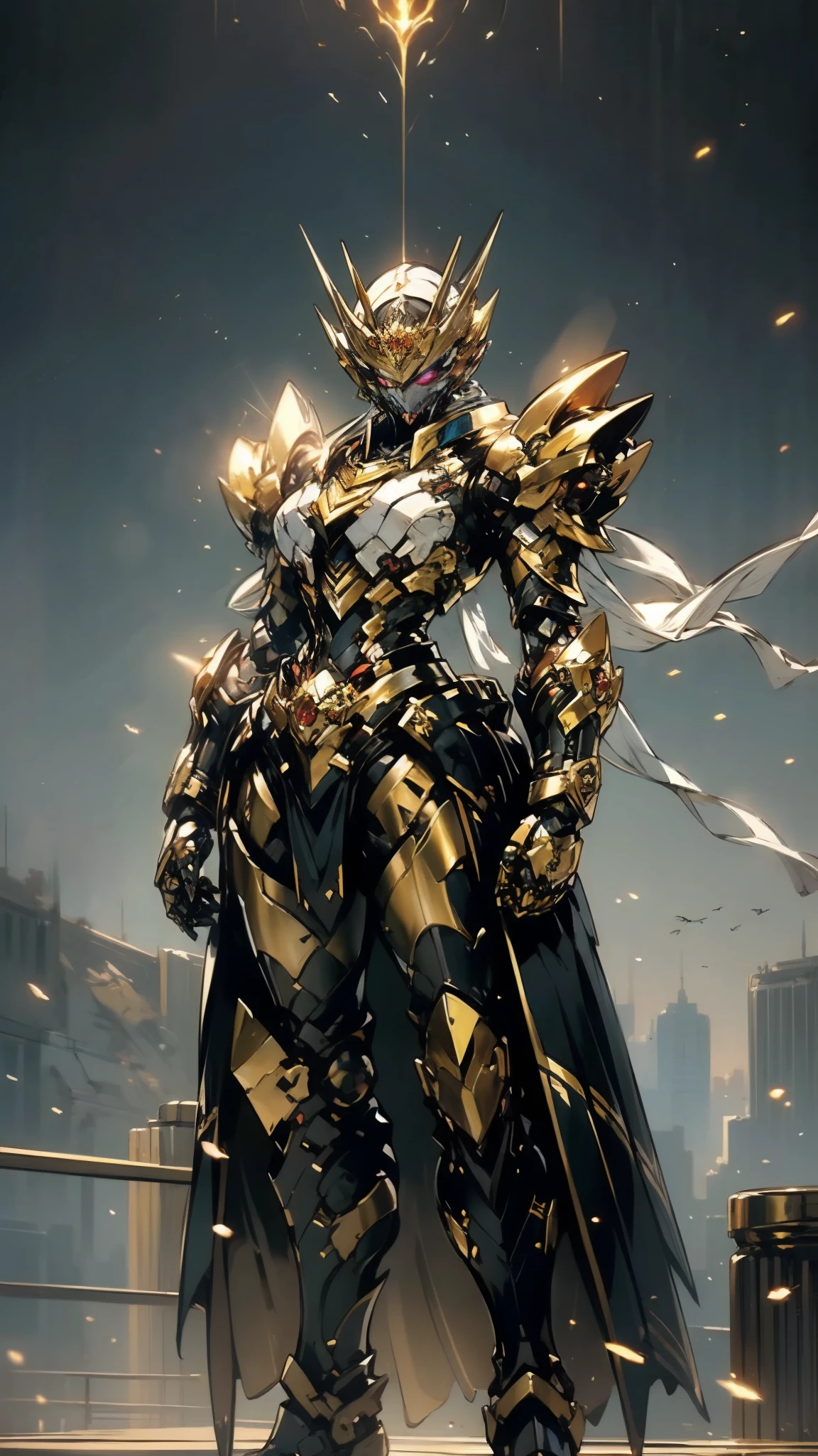 A woman adorned in fantasy-style full-body armor, a crown-concept fully enclosed helmet that unveils only her eyes, a composite layered chest plate, fully encompassing shoulder and hand guards, a lightweight waist armor, form-fitting shin guards, the overall design is heavy-duty yet flexible, (the armor gleams with a golden glow, complemented by red and blue accents), exhibiting a noble aura, she floats above a fantasy-surreal high-tech city, this character embodies a finely crafted fantasy-surreal style armored hero in anime style, exquisite and mature manga art style, (mixture of Queen bee and Spider concept Armor, plasma), ((Element, elegant, goddess, femminine:1.5)), metallic, high definition, best quality, highres, ultra-detailed, ultra-fine painting, extremely delicate, professional, anatomically correct, symmetrical face, extremely detailed eyes and face, high quality eyes, creativity, RAW photo, UHD, 32k, Natural light, cinematic lighting, masterpiece-anatomy-perfect, masterpiece:1.5