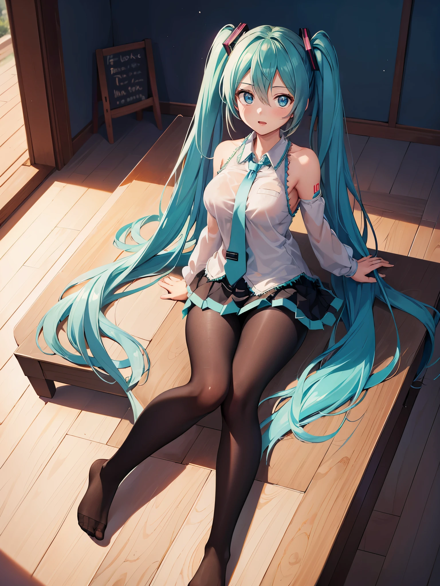(1 girl),(high quality), (High resolution), (extremely detailed), (8K),(focus on lower body),(CG),(Hatsune Miku)、Gravure idol、Magic Knight、magic swordsman、Magic Mentor、school uniform、sexy panties、(black pantyhose:1.2)、(nipple shape)、No shoes、(neutral white lighting),sexy pose、showing panties