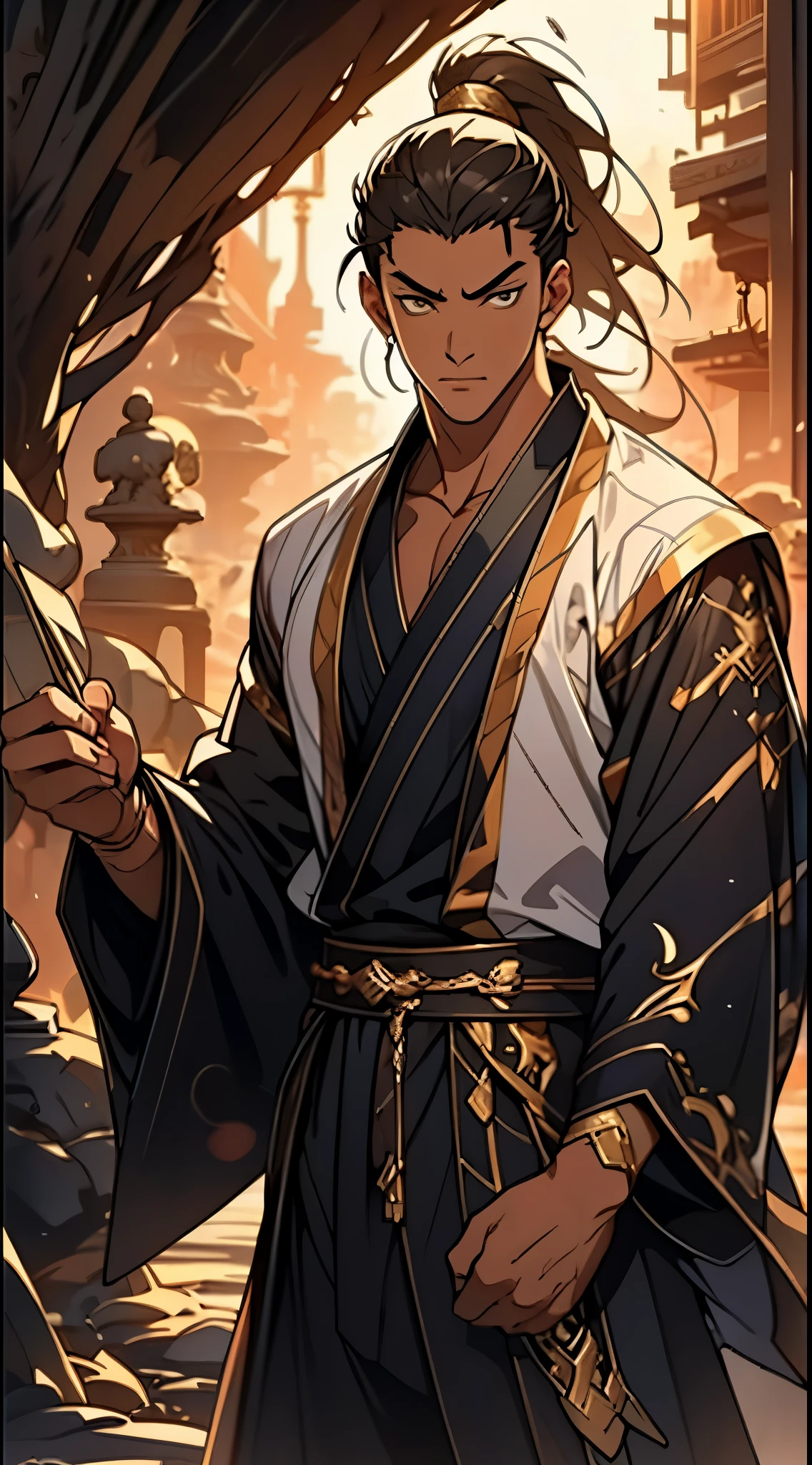 Two dimensions,anime style,one person(male warrior),proportions are correct,facial details,swordsman,high ponytail hairstyle,neck detail,Have an Adam's apple,Black and gold robe,joke,Black and gold robe,clothing details,Hand over,long sleeves,Game quality,fencing,Ray tracing,Ray tracing,Detailed glow,CG rendering,hair details,Long black and blond hair,Black-gold eyes,Handsome,Handsome,(Youthful feeling),Costumes are complicated,Perfect composition,refine,high quality,higher details,many details,Complex background,a sense of atmosphere,