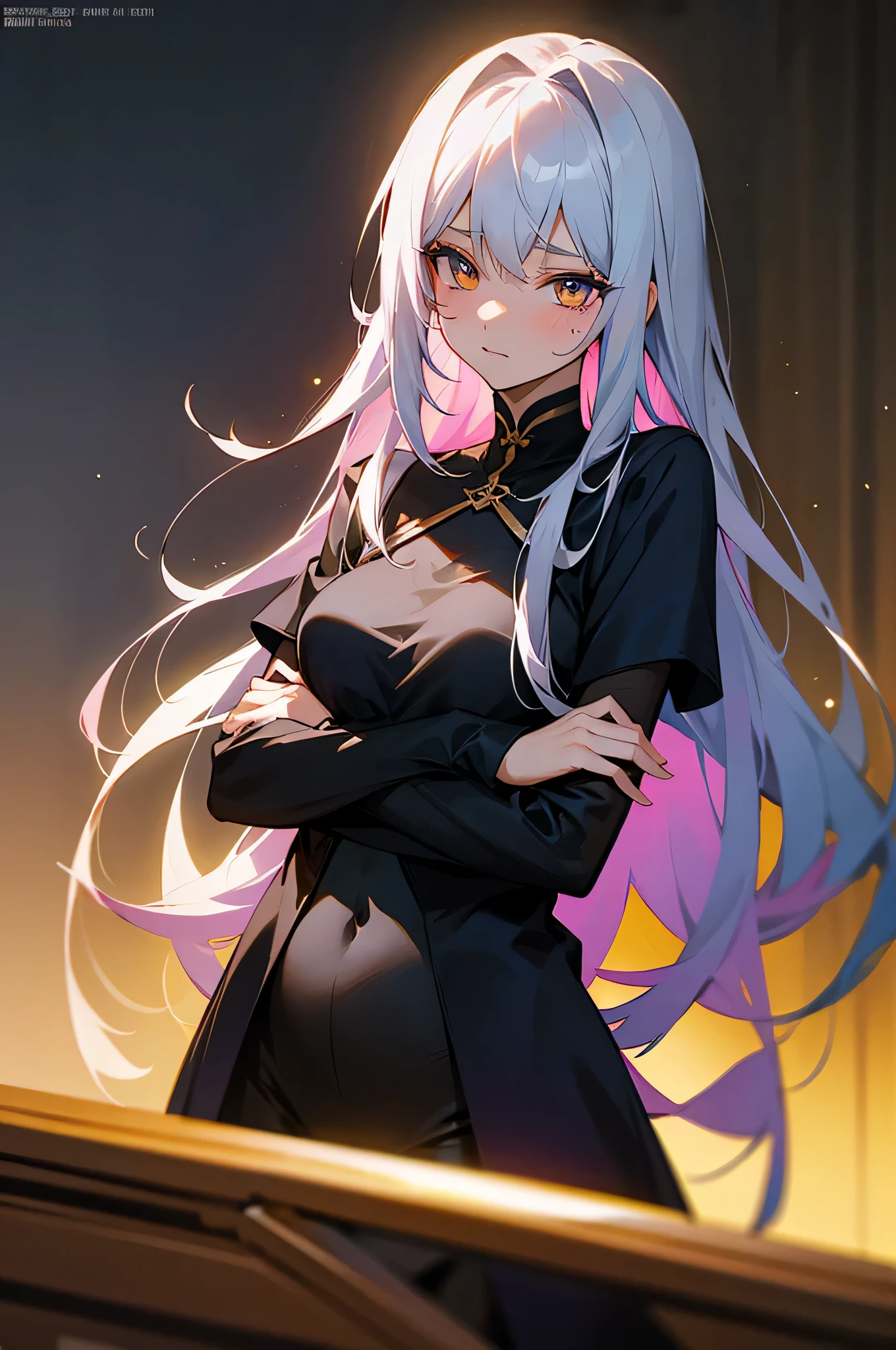 silber hair、Semi-long hair,正面、{{{{{{{{ Black Parker Oversize }}}}}}}},beautiful and delicate golden eyes,neon,Thinking,Black clothes,