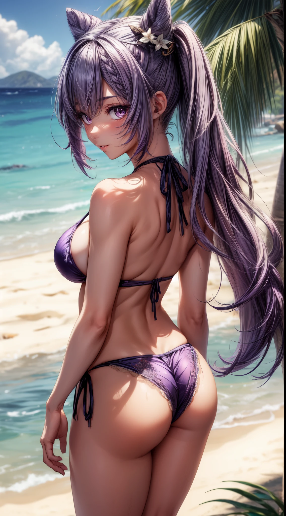 anime, beautiful face, highly detailed face, (2 accurate legs:1), purple detailed eyes, highly detailed beach background, perfect lighting, best lighting, (no shadows:1.2), 1girl, solo, outdoors, genshin impact, keqing, (beautiful purple hair:1.2), absurdres, high res, ultrasharp, 8K, masterpiece, looking at viewer, teasing smile, facial expressions full of love, BREAK (detailed sexy beach bikini:1.5), (all intricate lace:1.2), sexy pose, (arching back:1.2), (extremely close up:1.3), standing up, (view from behind:1.2), ass view, looking over her shoulders 