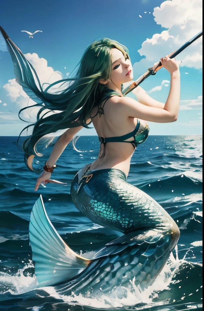 mermaid、attack the fish with a spear、green、sturdy