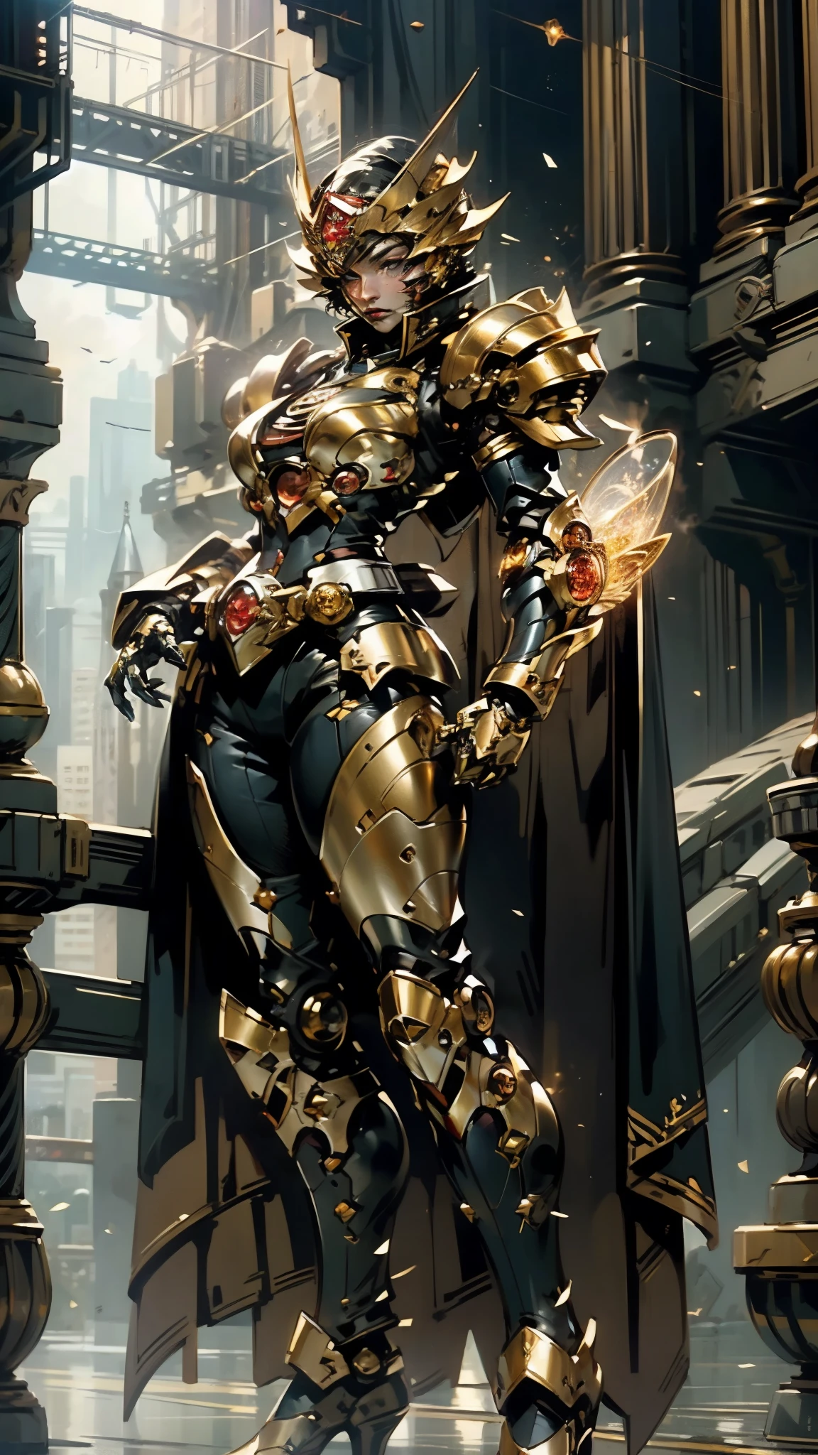 A woman adorned in fantasy-style full-body armor, a crown-concept fully enclosed helmet that unveils only her eyes, a composite layered chest plate, fully encompassing shoulder and hand guards, a lightweight waist armor, form-fitting shin guards, the overall design is heavy-duty yet flexible, (the armor gleams with a golden glow, complemented by red and blue accents), exhibiting a noble aura, she floats above a fantasy-surreal high-tech city, this character embodies a finely crafted fantasy-surreal style armored hero in anime style, exquisite and mature manga art style, (mixture of Queen bee and Spider concept Armor, plasma), ((Element, elegant, goddess, femminine:1.5)), metallic, high definition, best quality, highres, ultra-detailed, ultra-fine painting, extremely delicate, professional, anatomically correct, symmetrical face, extremely detailed eyes and face, high quality eyes, creativity, RAW photo, UHD, 32k, Natural light, cinematic lighting, masterpiece-anatomy-perfect, masterpiece:1.5
