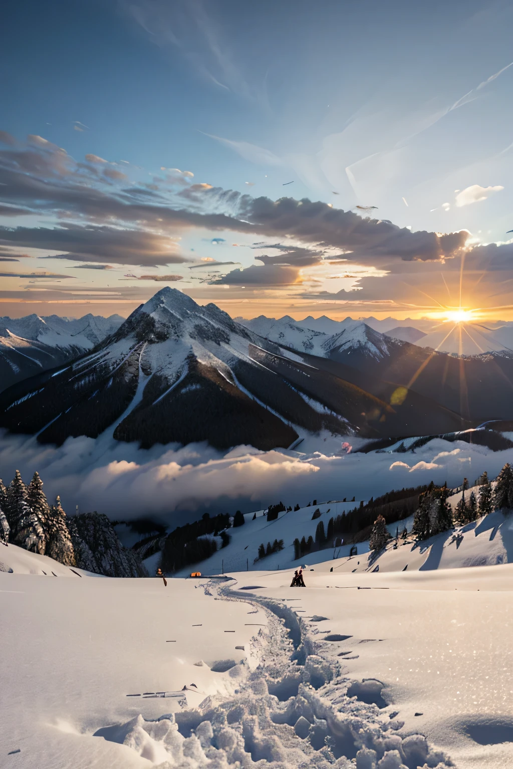 create a realistic image of a sunset in a huge snowy mountain