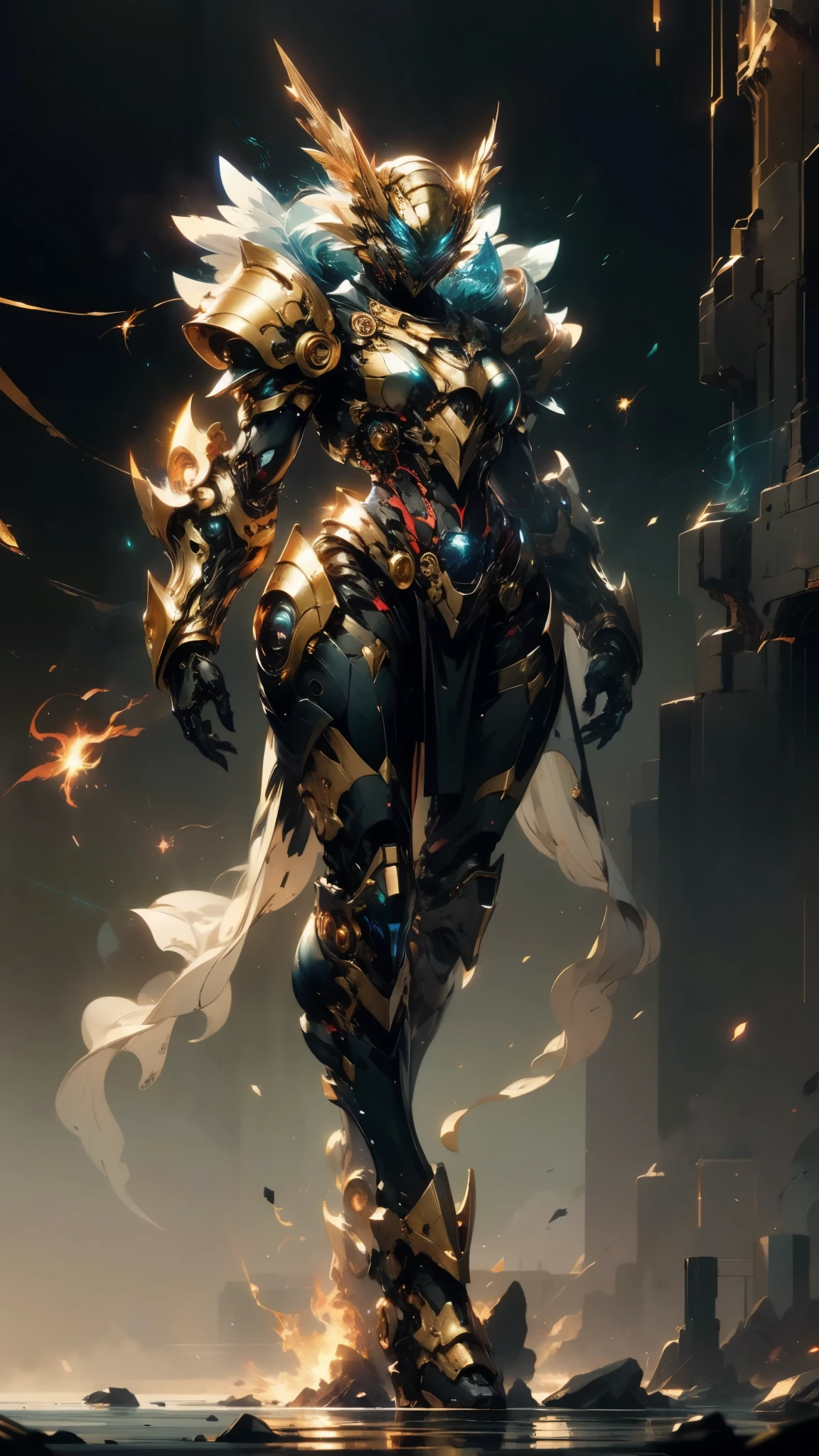 A woman adorned in fantasy-style full-body armor, a crown-concept fully enclosed helmet that unveils only her eyes, a composite layered chest plate, fully encompassing shoulder and hand guards, a lightweight waist armor, form-fitting shin guards, the overall design is heavy-duty yet flexible, (the armor gleams with a golden glow, complemented by red and blue accents), exhibiting a noble aura, she floats above a fantasy-surreal high-tech city, this character embodies a finely crafted fantasy-surreal style armored hero in anime style, exquisite and mature manga art style, (mixture of Queen bee and Spider concept Armor, plasma), ((Element, elegant, goddess, femminine:1.5)), metallic, high definition, best quality, highres, ultra-detailed, ultra-fine painting, extremely delicate, professional, anatomically correct, symmetrical face, extremely detailed eyes and face, high quality eyes, creativity, RAW photo, UHD, 32k, Natural light, cinematic lighting, masterpiece-anatomy-perfect, masterpiece:1.5