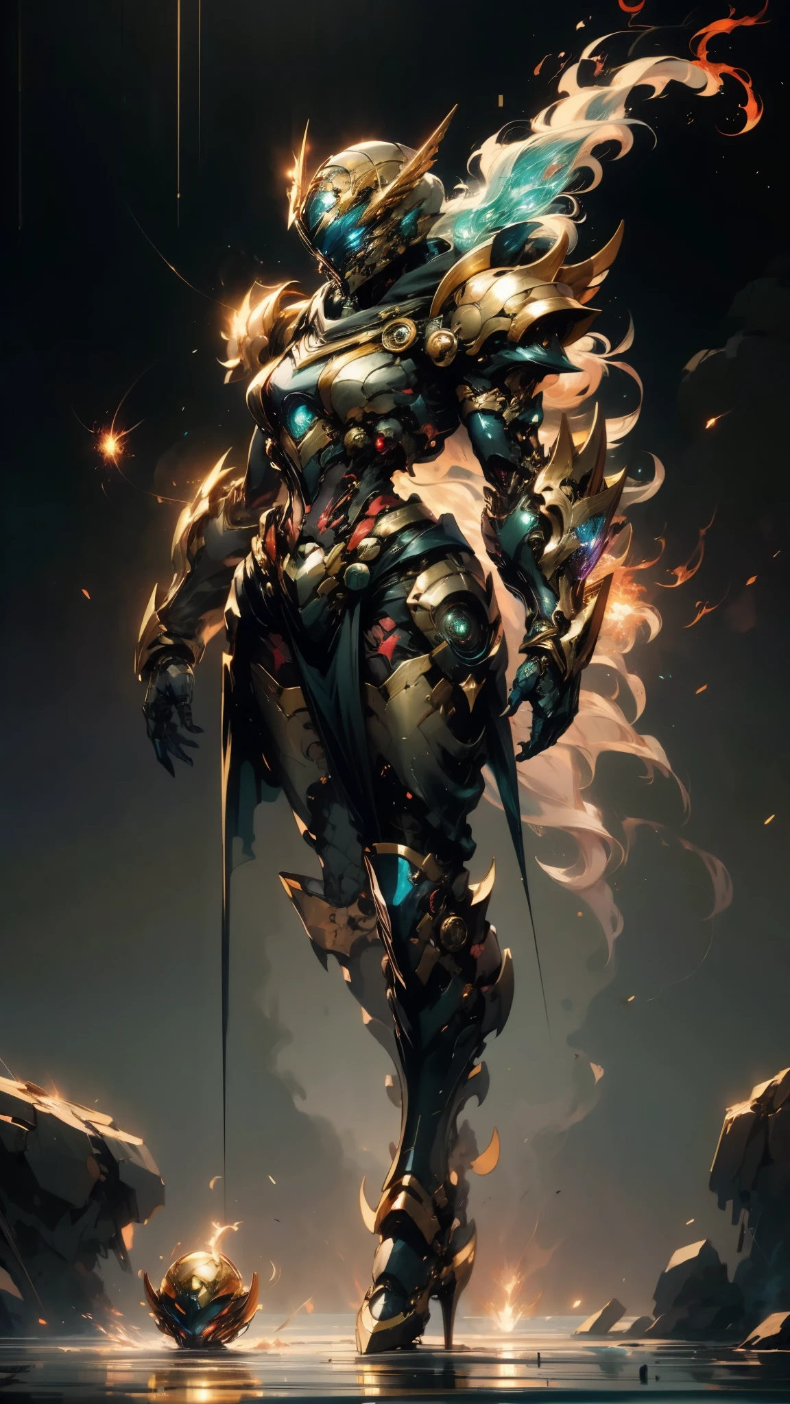 A woman adorned in fantasy-style full-body armor, a crown-concept fully enclosed helmet that unveils only her eyes, a composite layered chest plate, fully encompassing shoulder and hand guards, a lightweight waist armor, form-fitting shin guards, the overall design is heavy-duty yet flexible, (the armor gleams with a golden glow, complemented by red and blue accents), exhibiting a noble aura, she floats above a fantasy-surreal high-tech city, this character embodies a finely crafted fantasy-surreal style armored hero in anime style, exquisite and mature manga art style, (mixture of Queen bee and Spider concept Armor, plasma), ((Element, elegant, goddess, femminine:1.5)), metallic, high definition, best quality, highres, ultra-detailed, ultra-fine painting, extremely delicate, professional, anatomically correct, symmetrical face, extremely detailed eyes and face, high quality eyes, creativity, RAW photo, UHD, 32k, Natural light, cinematic lighting, masterpiece-anatomy-perfect, masterpiece:1.5