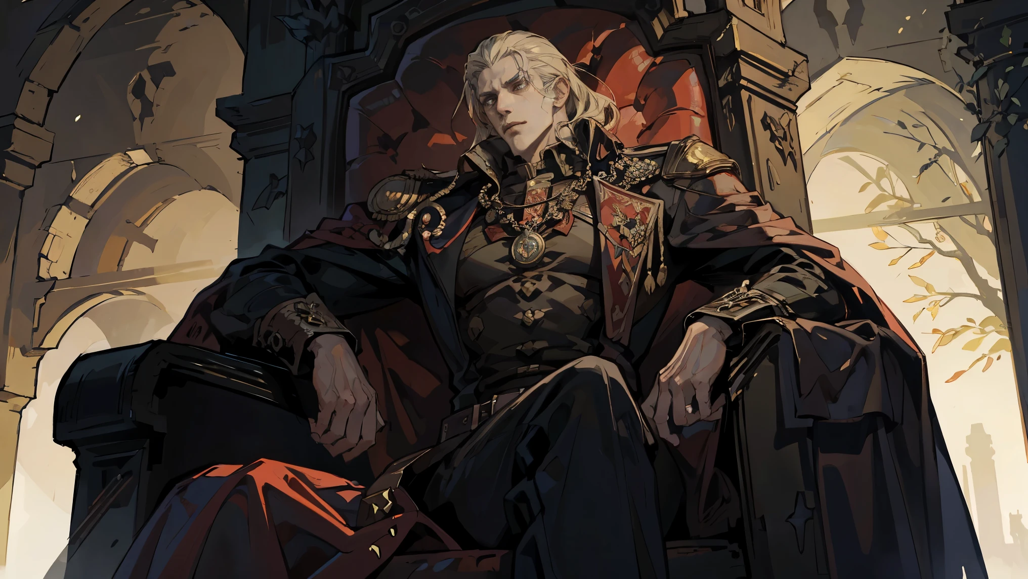 Castlevania Shadow Lord Handsome Lord Muscular Dracula Chatting in Throne Room with Male Advisors Around Him Surreal Ultra Detailed Dynamic Poses Ultra Detailed Faces Surreal Ultra Detailed Scene Epic Legend Perspective Environment