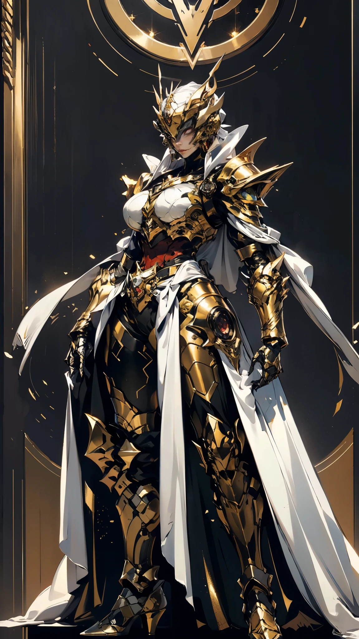 A woman adorned in fantasy-style full-body armor, a crown-concept fully enclosed helmet that unveils only her eyes, a composite layered chest plate, fully encompassing shoulder and hand guards, a lightweight waist armor, form-fitting shin guards, the overall design is heavy-duty yet flexible, (the armor gleams with a golden glow, complemented by red and blue accents), exhibiting a noble aura, she floats above a fantasy-surreal high-tech city, this character embodies a finely crafted fantasy-surreal style armored hero in anime style, exquisite and mature manga art style, (mixture of Queen bee and Spider concept Armor, plasma), ((Element, elegant, goddess, femminine:1.5)), metallic, high definition, best quality, highres, ultra-detailed, ultra-fine painting, extremely delicate, professional, anatomically correct, symmetrical face, extremely detailed eyes and face, high quality eyes, creativity, RAW photo, UHD, 32k, Natural light, cinematic lighting, masterpiece-anatomy-perfect, masterpiece:1.5