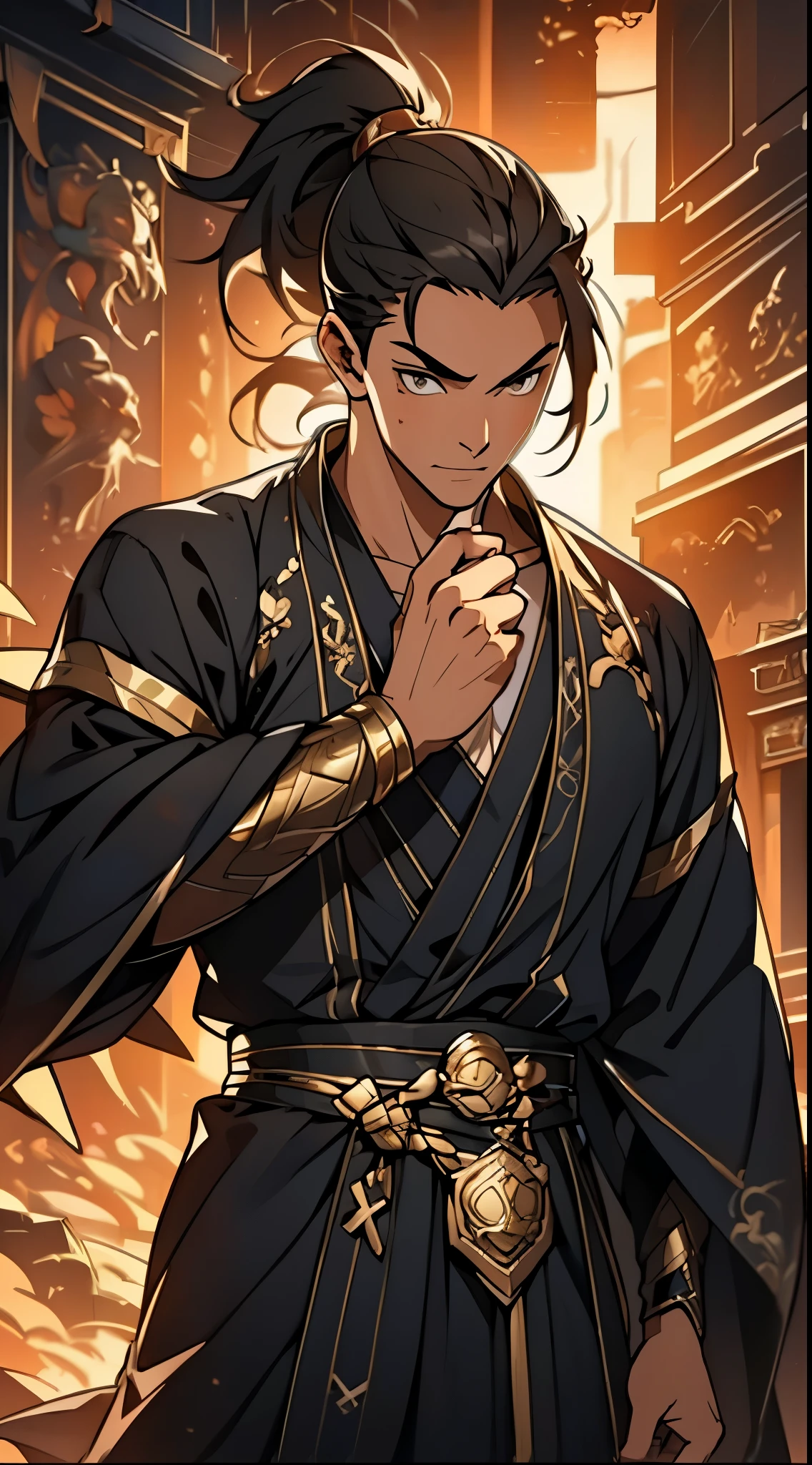Two dimensions,anime style,one person(male warrior),proportions are correct,facial details,swordsman,high ponytail hairstyle,neck detail,Have an Adam's apple,Black and gold robe,joke,Black and gold robe,clothing details,Hand over,long sleeves,Game quality,fencing,Ray tracing,Ray tracing,Detailed glow,CG rendering,hair details,Long black and blond hair,Black-gold eyes,Handsome,Handsome,(Youthful feeling),Costumes are complicated,Perfect composition,refine,high quality,higher details,many details,Complex background,a sense of atmosphere,