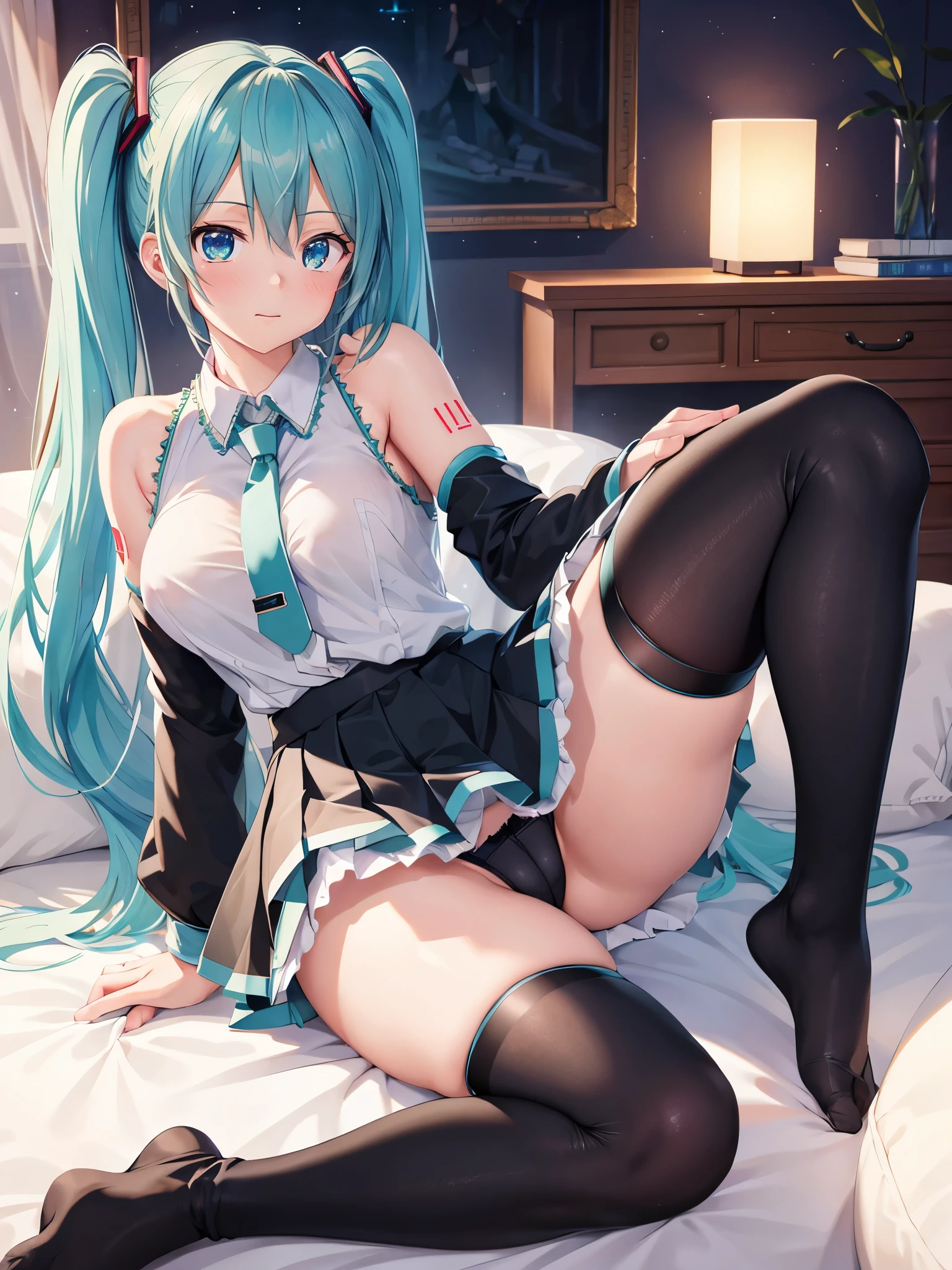 (1 girl),(high quality), (High resolution), (extremely detailed), (8K),(focus on lower body),(CG),(Hatsune Miku)、Gravure idol、Magic Knight、transparent costume、Magic Mentor、school uniform、sexy panties、(black knee high stockings:1.2)、(nipple shape)、No shoes、(neutral white lighting),sexy pose、showing panties