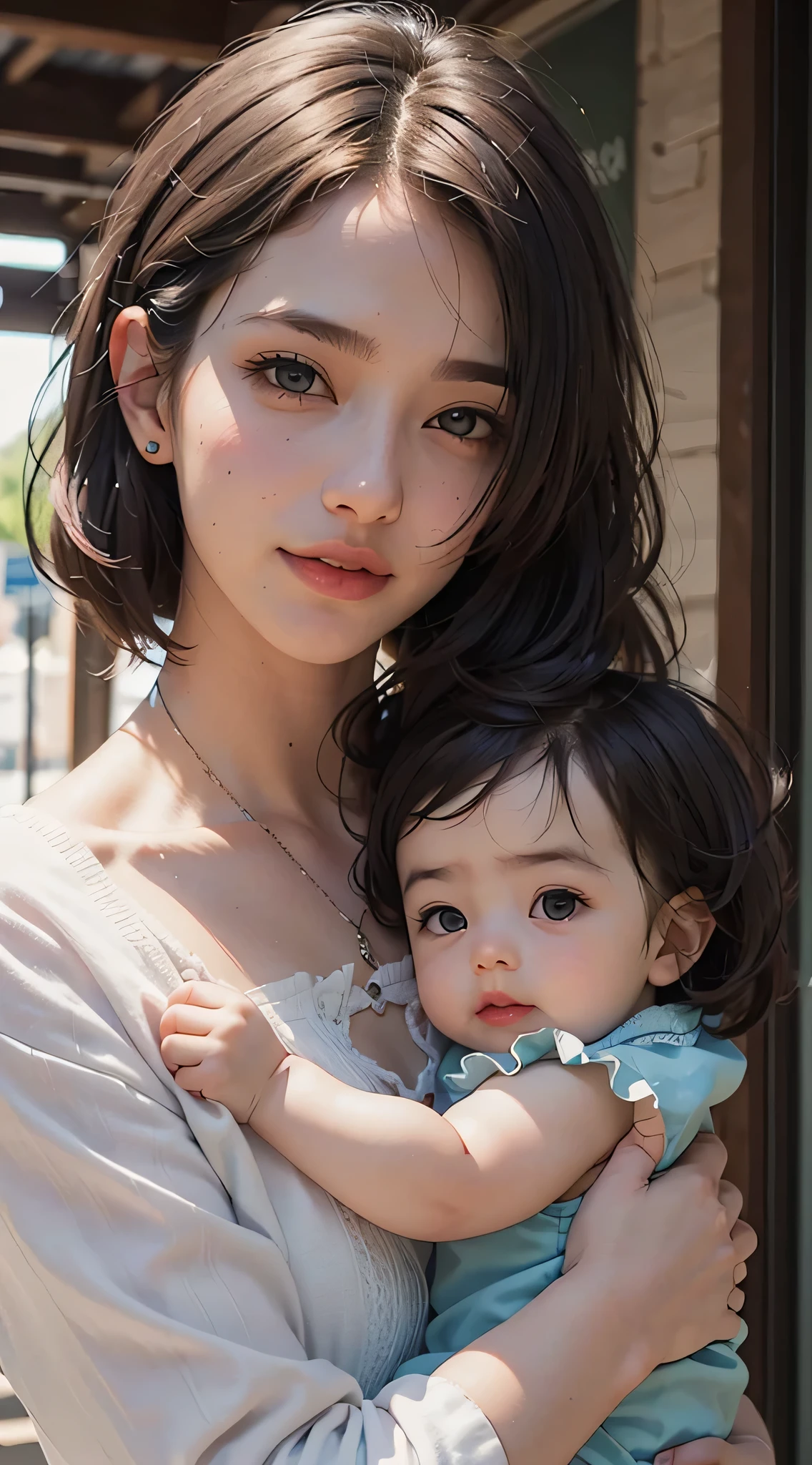 (highest quality,4k,8k,High resolution,table top:1.2), Super detailed, (realistic,realistic,Photoreal:1.37),(fine and beautiful eyes, thick and beautiful lips, highly detailed eyes and face, long eyelashes),studio lighting,Physically based rendering,bright colors,(Woman holding baby, shortcut, gentle smile, I'm happy),wrap her arms around