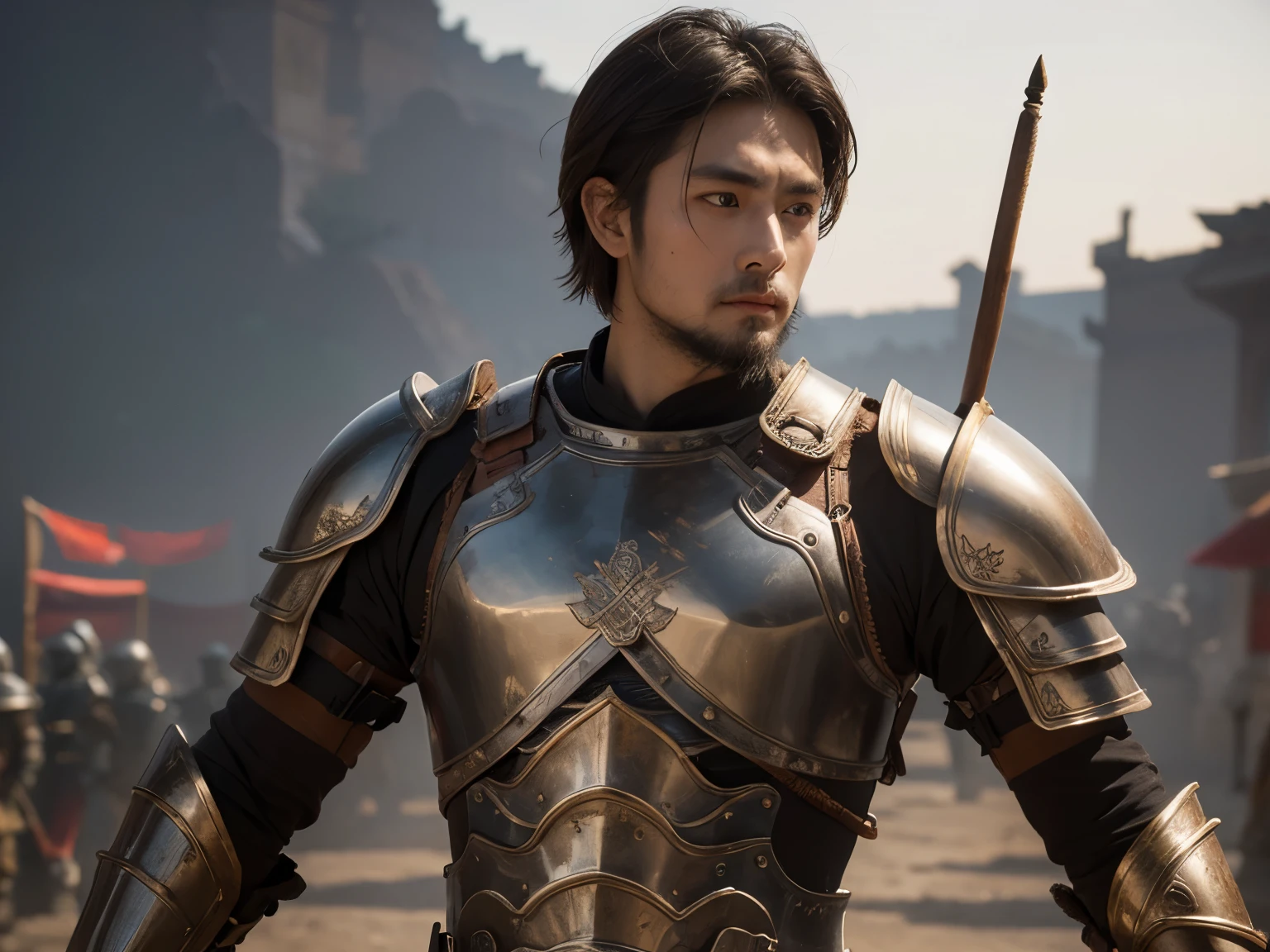 Ancient Western Zhou Dynasty,white clothes,Strong male warrior,light brown big eyes,Leather armor,bronze armor,whole body