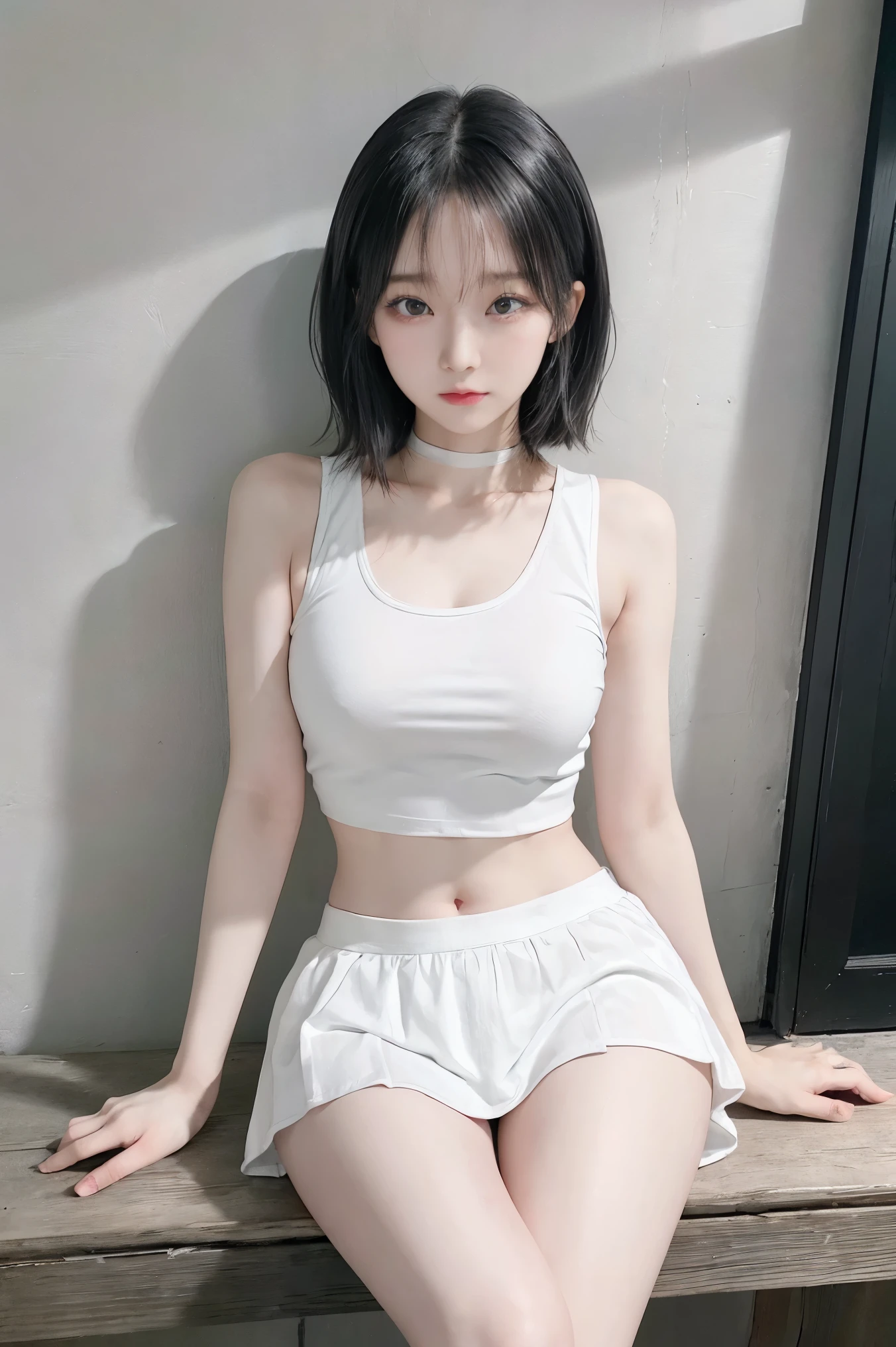 Top image quality、Raw photography、超A high resolution、Cute girl at 18 years old、Shooting for one person only、big round chest、Black tank top、Beautiful Eyes of Details、very elongated eyes、Beautiful eyelashes、Beautiful double eyelids、white walls、Beautiful waist、Beautiful legs、a short bob、slender physique