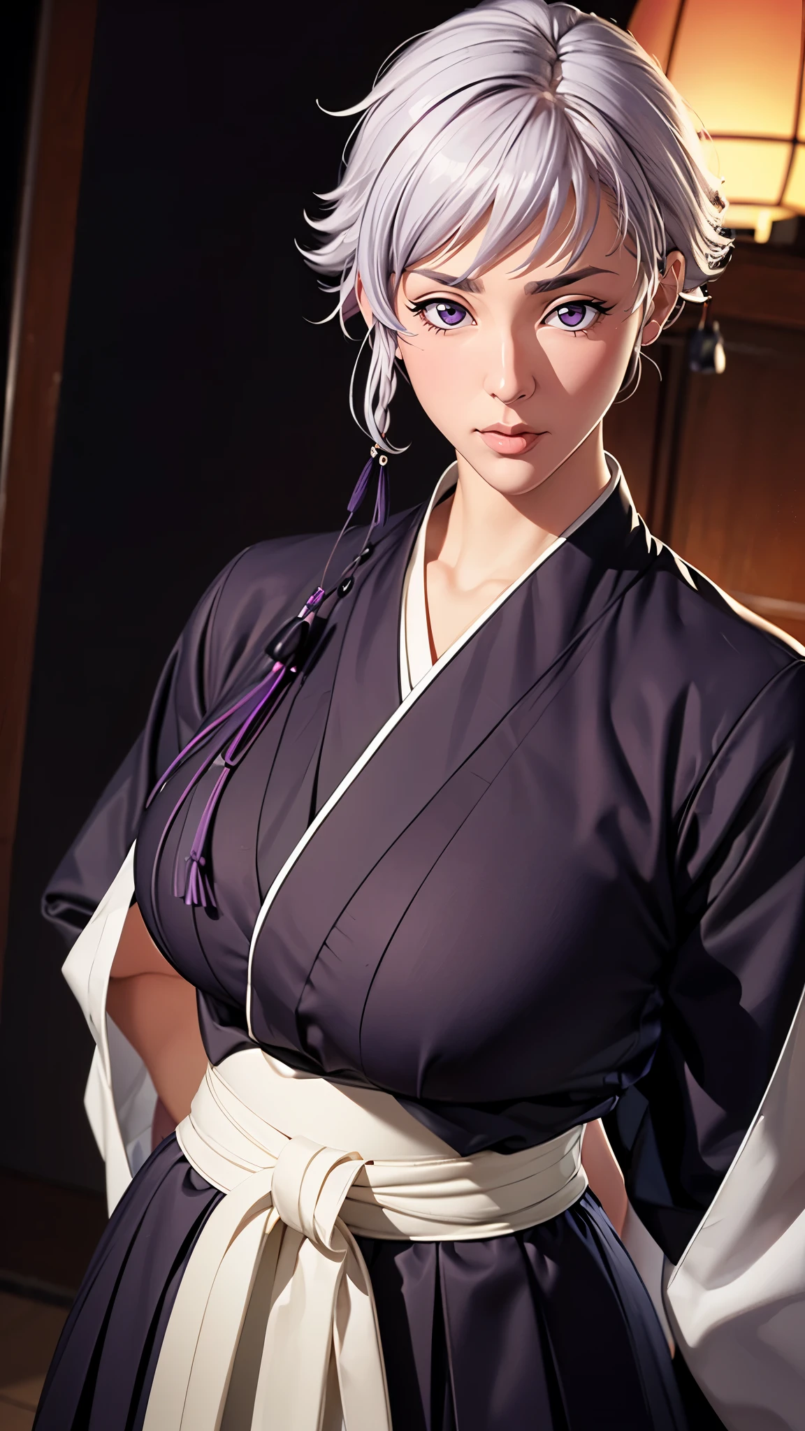 （（（完美figure，figure，long sleeves, japanese clothes, kimono, haori, black kimono, hakama, black hakama,（（（isane kotetsu, short hair, braid, white hair, (purple eyes:1.1), hair braid, ））），（（（wide hips））），S型figure:1.7））），((masterpiece)),high resolution, ((Best quality at best))，masterpiece，quality，Best quality，（（（ Exquisite facial features，looking at the audience,There is light in the eyes，blush，Happy））），（（（Interlacing of light and shadow，huge ））），（（（looking into camera）））