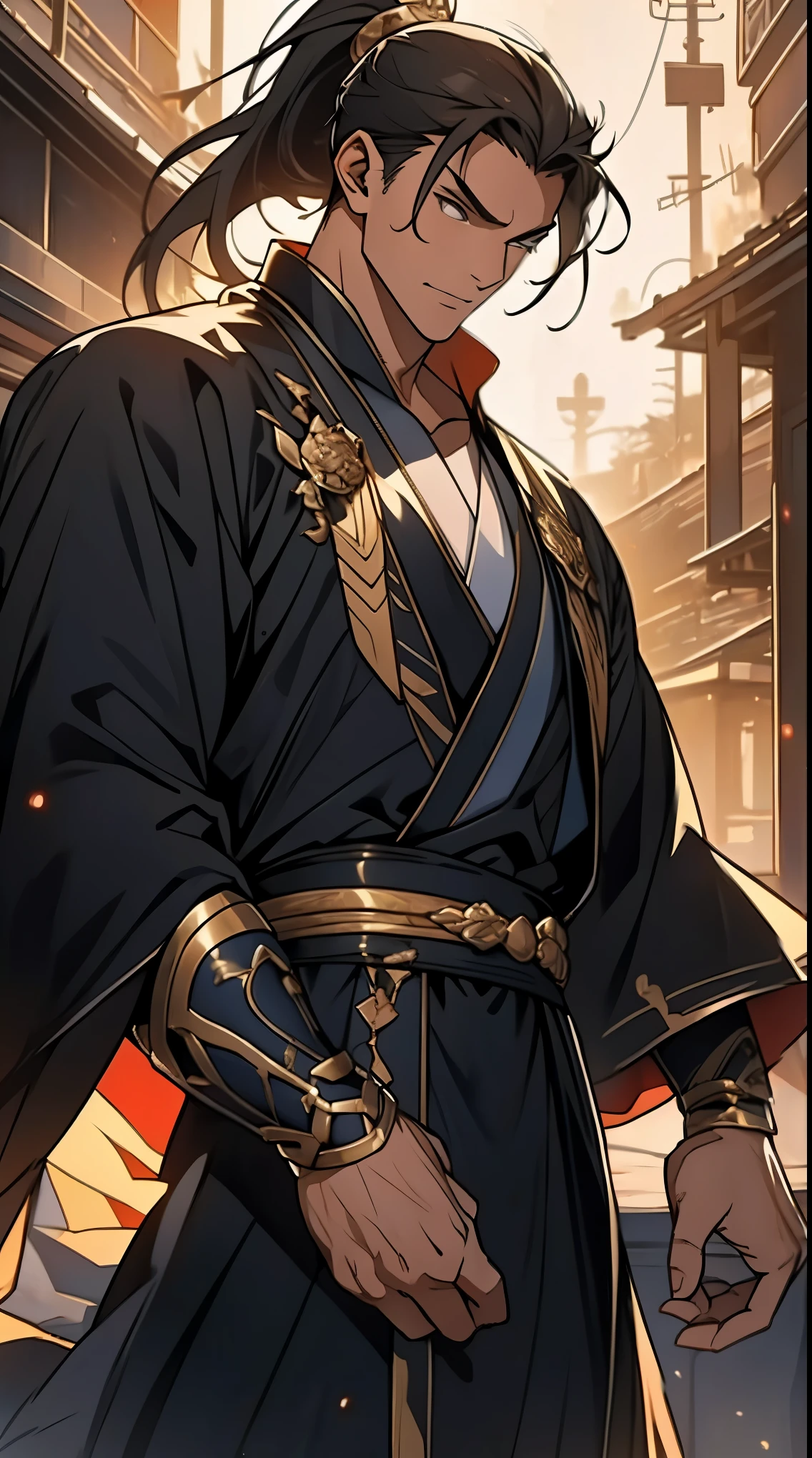 Two dimensions,anime style,one person(male warrior),proportions are correct,facial details,swordsman,high ponytail hairstyle,neck detail,Have an Adam's apple,Black and gold robe,joke,Black and gold robe,clothing details,Hand over,long sleeves,Game quality,fencing,Ray tracing,Ray tracing,Detailed glow,CG rendering,hair details,Long black and blond hair,Black-gold eyes,Handsome,Handsome,(Youthful feeling),Costumes are complicated,Perfect composition,refine,high quality,higher details,many details,Complex background,a sense of atmosphere,