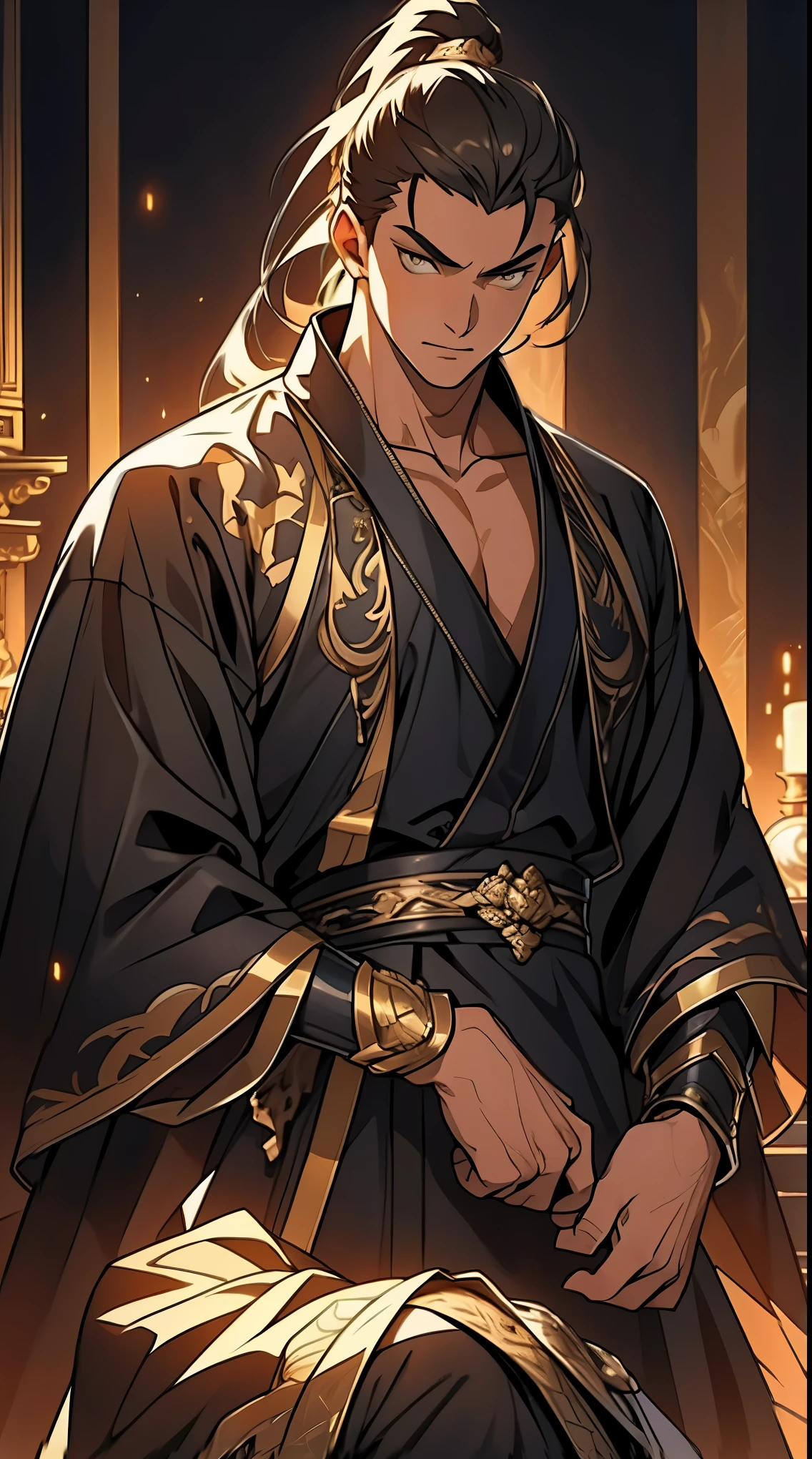 Two dimensions,anime style,one person(male warrior),proportions are correct,facial details,swordsman,high ponytail hairstyle,neck detail,Have an Adam's apple,Black and gold robe,joke,Black and gold robe,clothing details,Hand over,long sleeves,Game quality,fencing,Ray tracing,Ray tracing,Detailed glow,CG rendering,hair details,Long black and blond hair,Black-gold eyes,Handsome,Handsome,(Youthful feeling),Costumes are complicated,Perfect composition,refine,high quality,higher details,many details,Complex background,a sense of atmosphere,