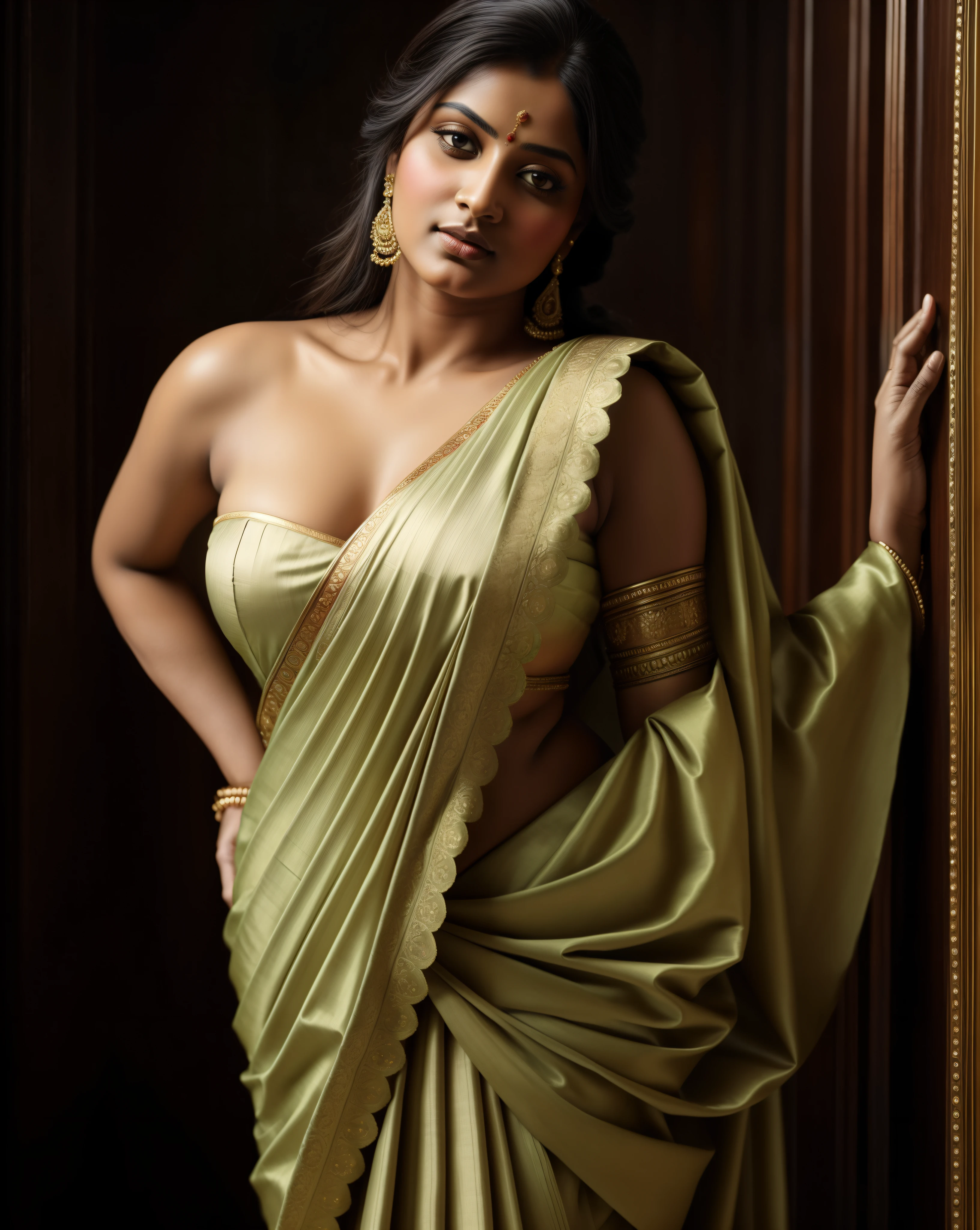 Beautiful Indian Woman, wearing saree, sari Beauty, gorgeous, Apsara, Maharani, royal queen woman, nymph from Hindu Mythology, Urvashi, matchless beauty, Highly detailed, Oil Painting by Peter Paul Rubens inspired by Raja Ravi Varma, Matchless beauty, captivating, gorgeous, heavenly beauty, celestial beauty, by Peter Paul Rubens, 1893, realistic, hyper realistic, micro details, incredible artwork, insane details, ultra High resolution, 8k, 32k, acrylic on canvas, intricate, flawless, detailed, detailed face, detailed eyes, masterpiece, by Peter Paul Rubens, by Caravaggio, by William Adolphe bouguereau, perfect face, perfect body, beautiful art, realism, baroque, renaissance Art, highly textured, beautiful and High clarity eyes, uhd, best quality,