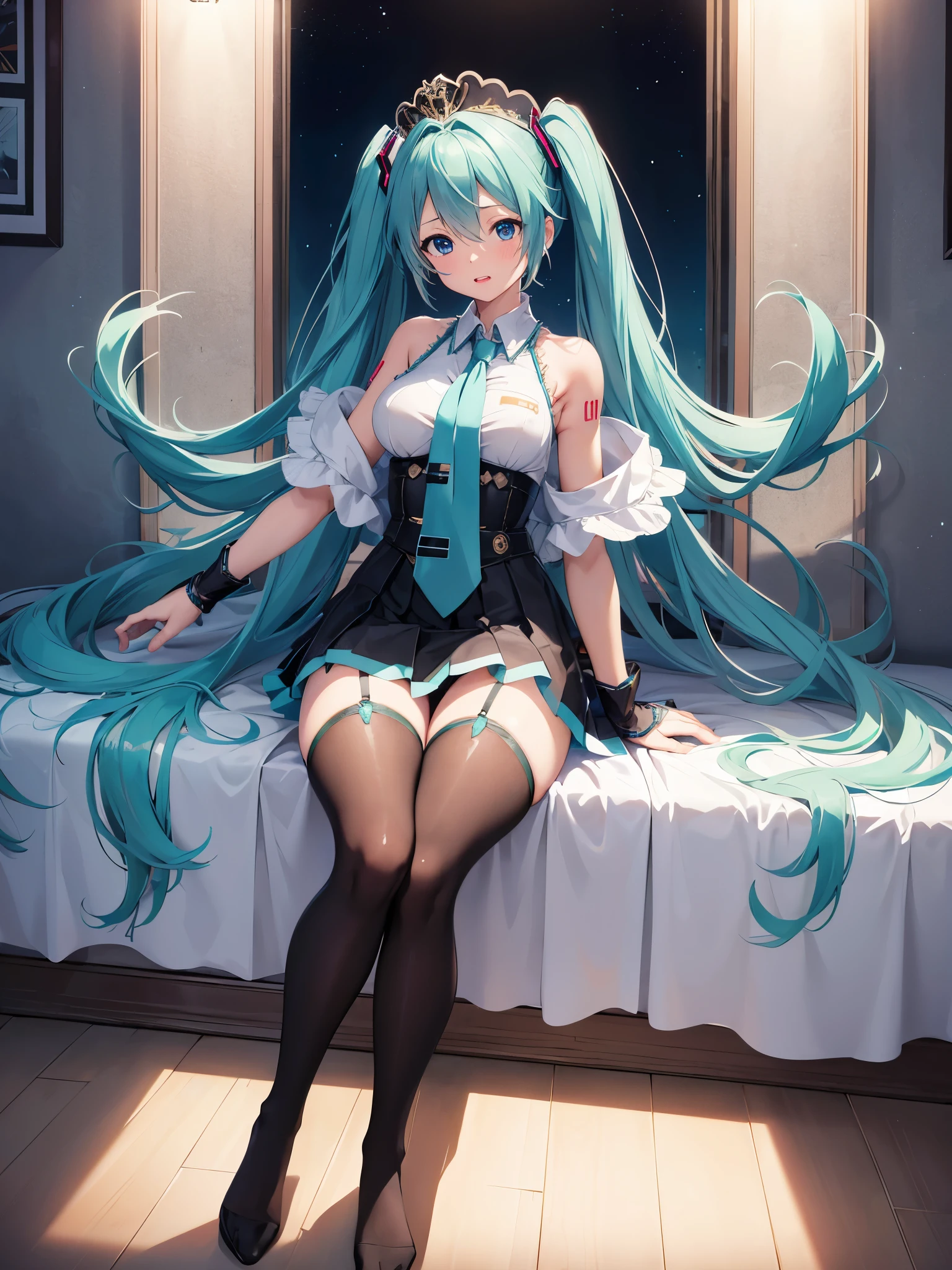 (1 girl),(high quality), (High resolution), (extremely detailed), (8K),(focus on lower body),(CG),(Hatsune Miku)、Gravure idol、Magic Knight、transparent costume、Magic Mentor、school uniform、sexy panties、(black knee high stockings:1.2)、(nipple shape)、No shoes、neutral white lighting,sexy pose、showing panties