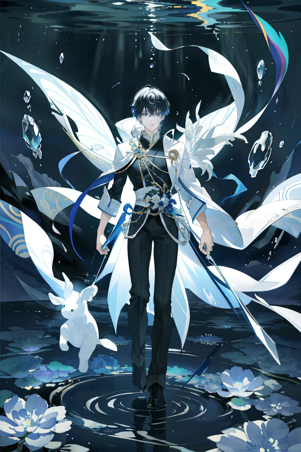 master piece、need、1 male、As an adult、whole body、tall muscular male、dark theme、magic array、Bubble、Rainbow Sunlight、underwater、reflector、floating glass pieces、rainbow light、Bubbleが渦巻く、Wind swirl、extreme light、fantastic scenery, Starlights around the character,black and white clothes、front、whole body、Standing picture、down to the feet