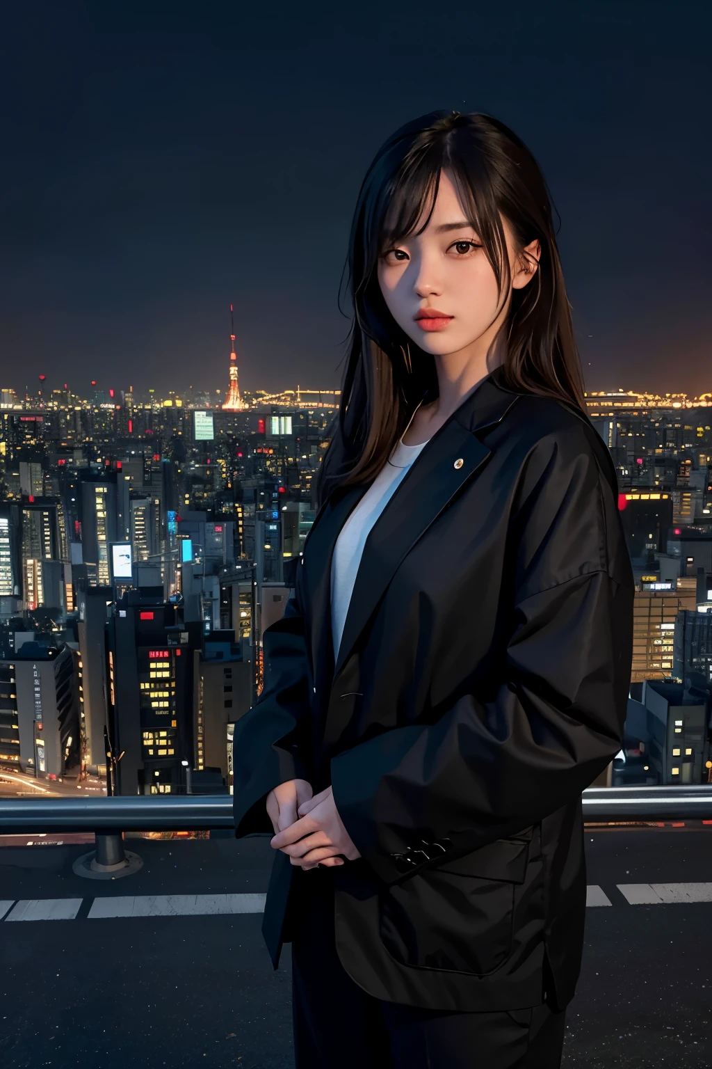 1 girl, tokyo street,night, cityscape,city lights, Upper body,close, 8k, RAW photo, highest quality, masterpiece,realistic, photo-realistic,